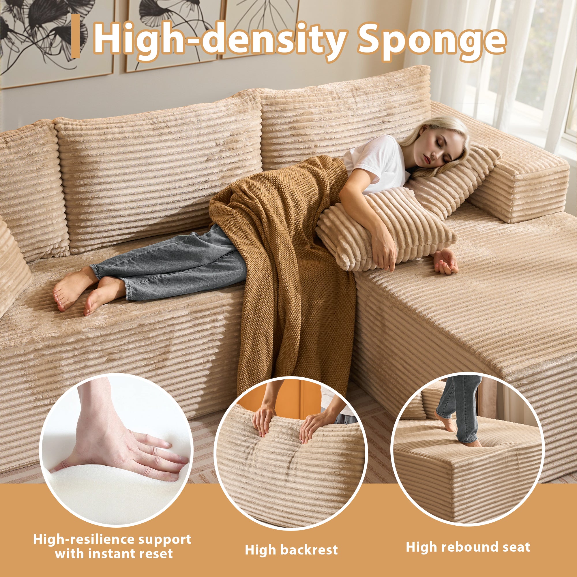 OVIOS 108" U-Shape Modular Couch with Ottoman, Plush Corduroy Fabric, No Assembly Required