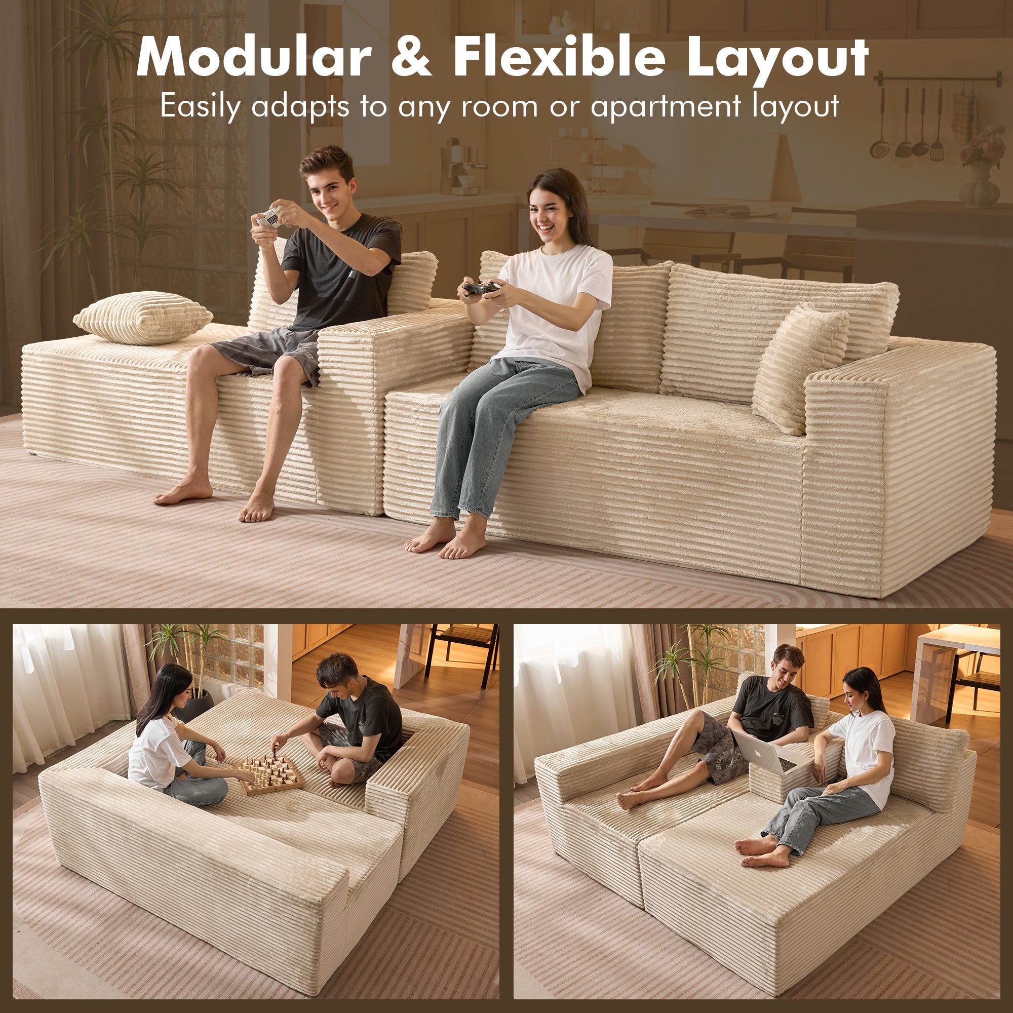 OVIOS 104" L-Shape Modular Couch with Chaise, Plush Corduroy Fabric, No Assembly Required