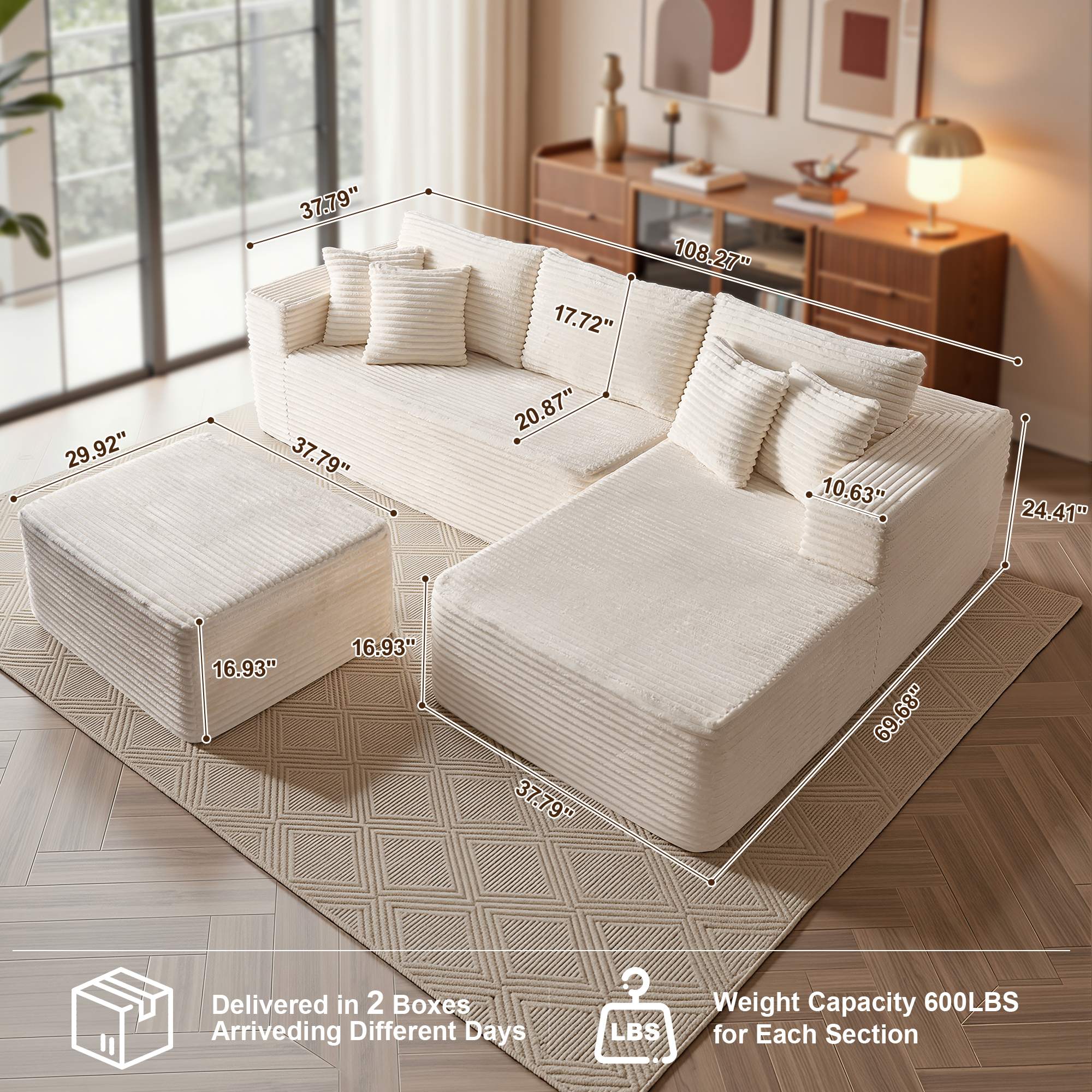 OVIOS 108" U-Shape Modular Couch with Ottoman, Plush Corduroy Fabric, No Assembly Required