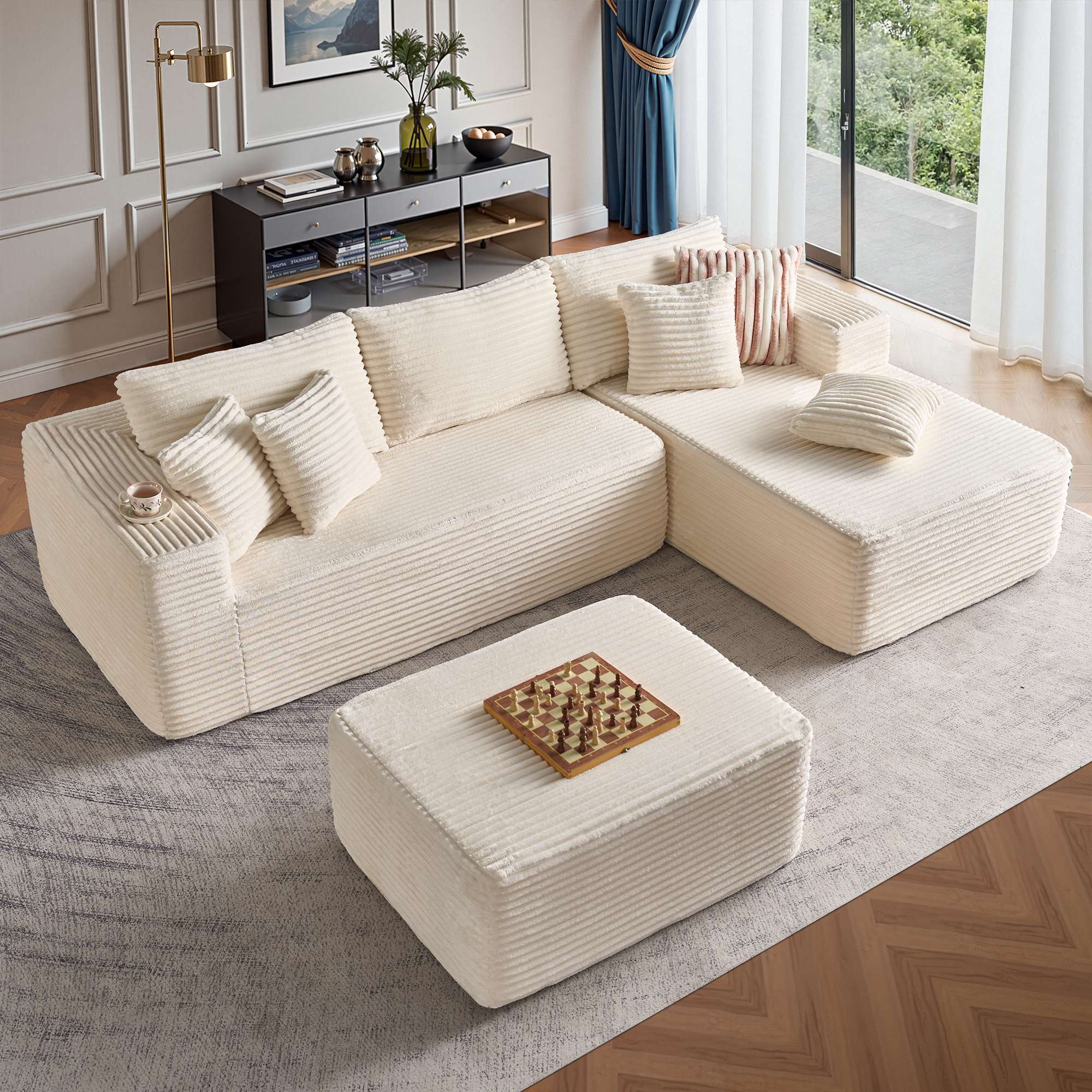 OVIOS 108" U-Shape Modular Couch with Ottoman, Plush Corduroy Fabric, No Assembly Required