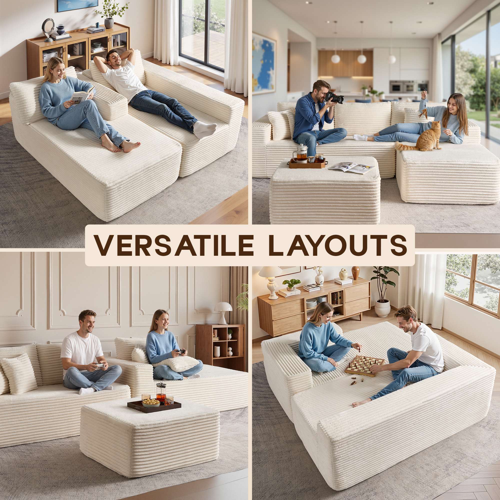 OVIOS 108" U-Shape Modular Couch with Ottoman, Plush Corduroy Fabric, No Assembly Required