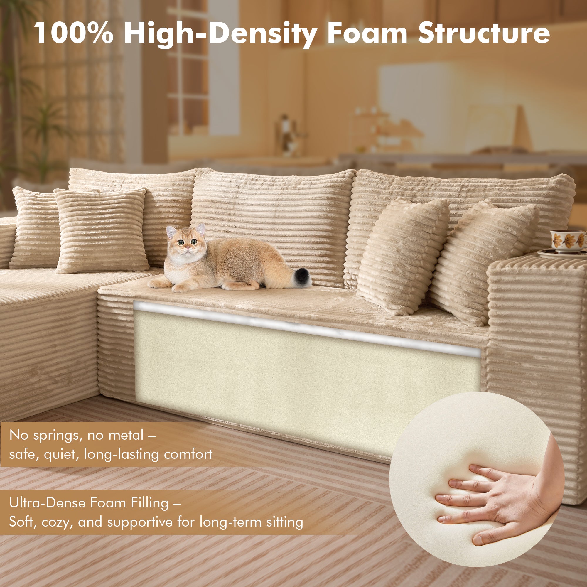 OVIOS 104" L-Shape Modular Couch with Chaise, Plush Corduroy Fabric, No Assembly Required