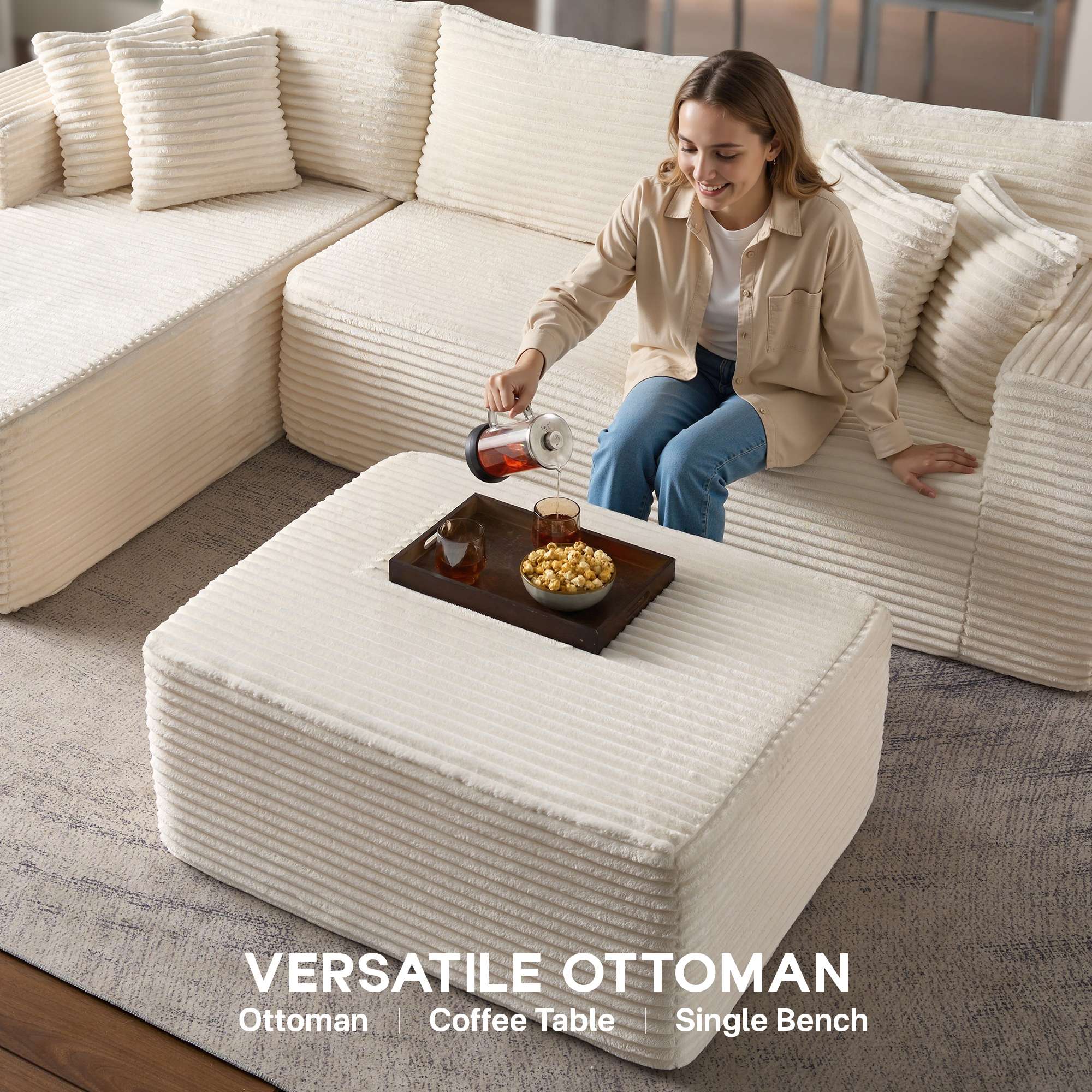 OVIOS 108" U-Shape Modular Couch with Ottoman, Plush Corduroy Fabric, No Assembly Required