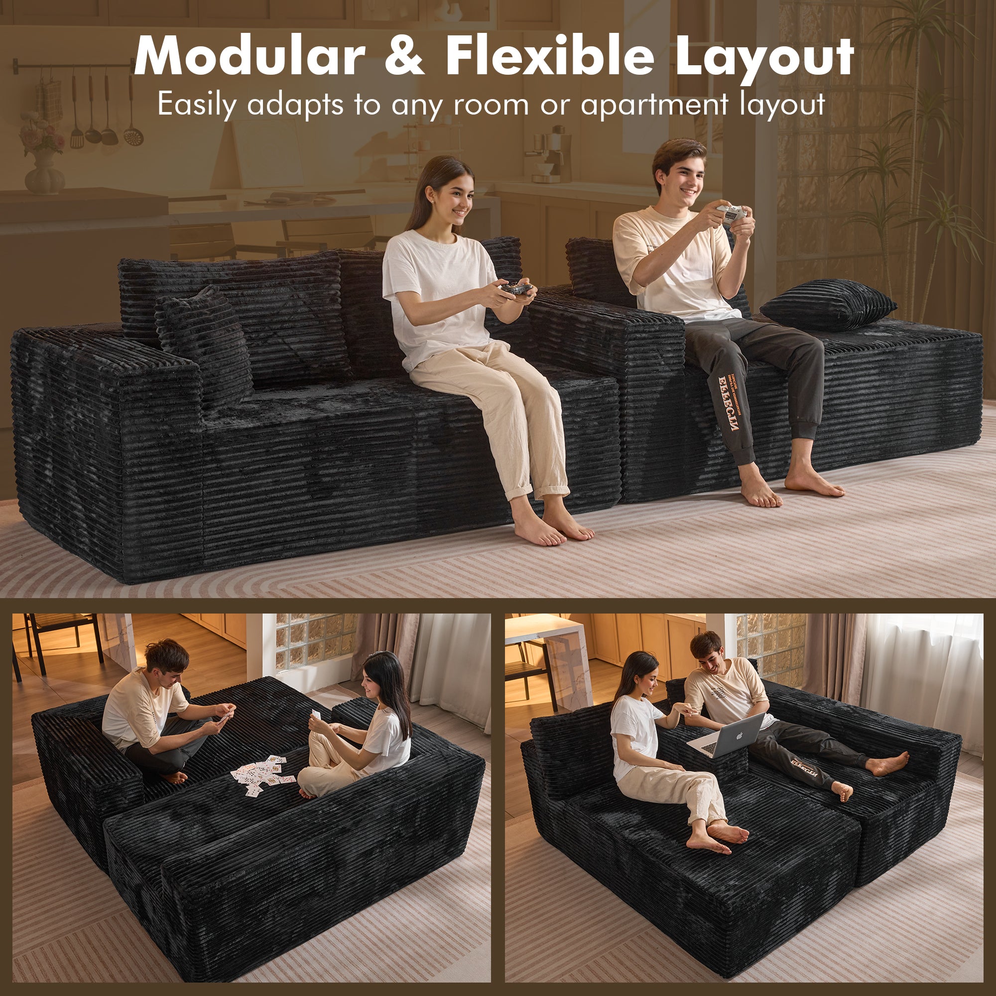 OVIOS 104" L-Shape Modular Couch with Chaise, Plush Corduroy Fabric, No Assembly Required