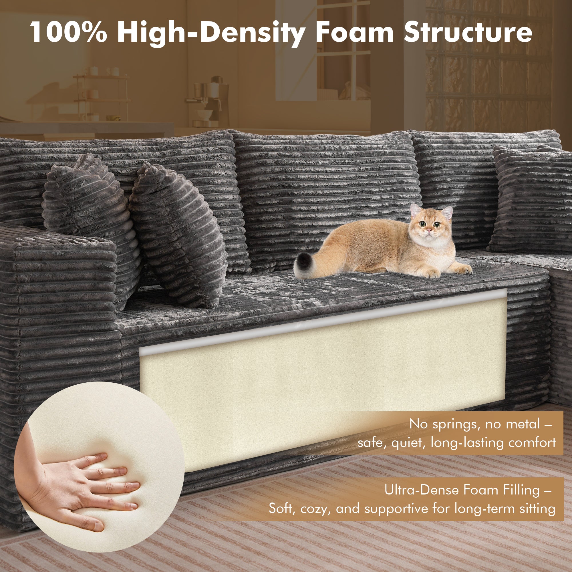 OVIOS 104" L-Shape Modular Couch with Chaise, Plush Corduroy Fabric, No Assembly Required