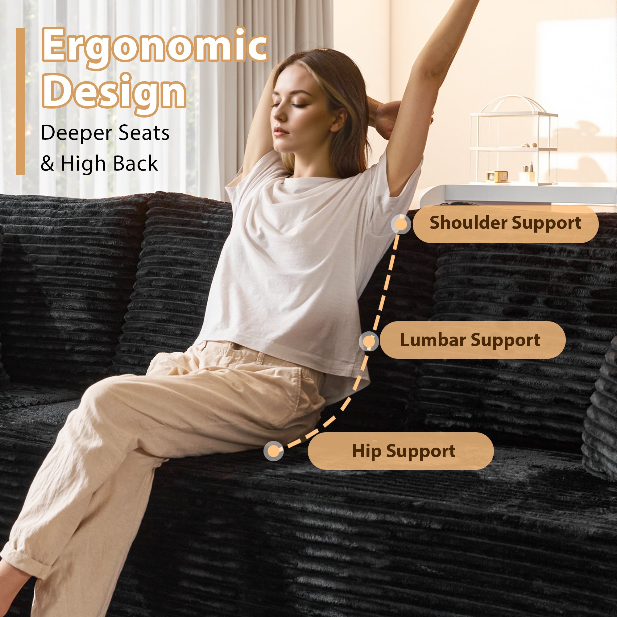 OVIOS 108" U-Shape Modular Couch with Ottoman, Plush Corduroy Fabric, No Assembly Required