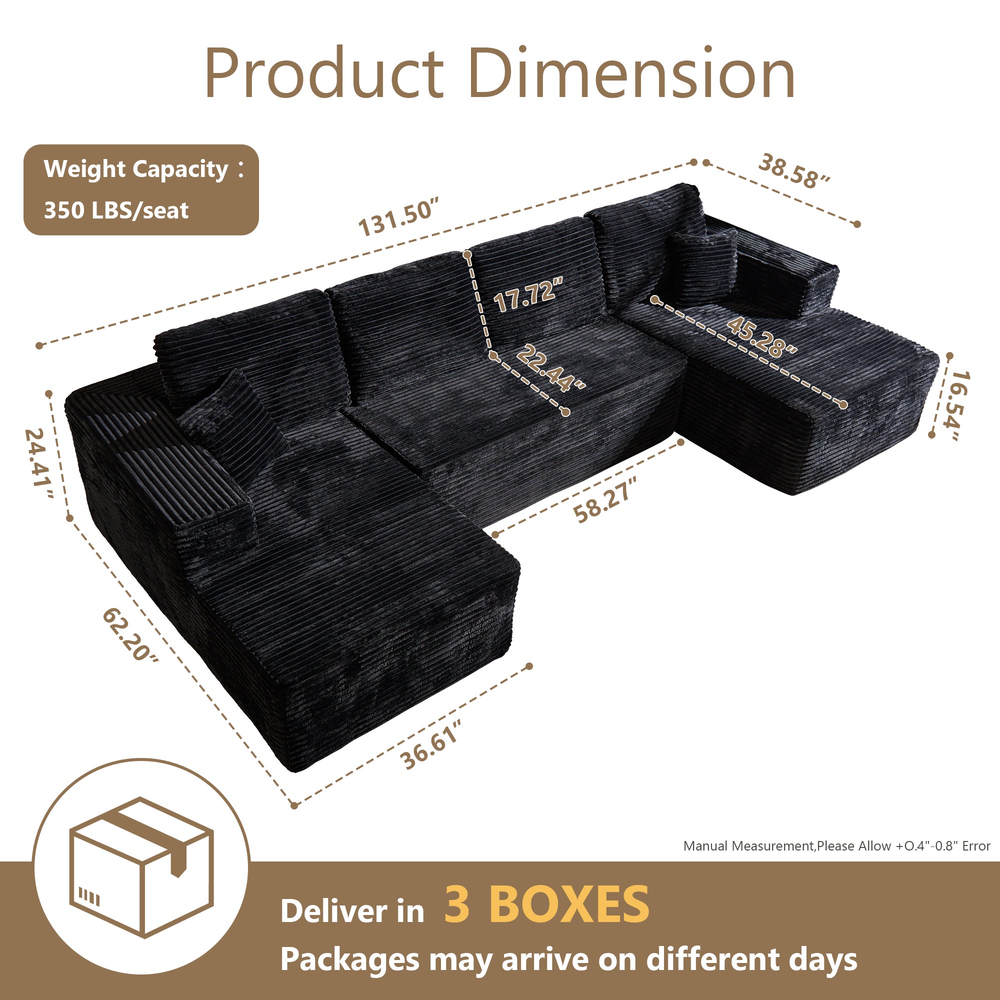 OVIOS U-Shaped Modular Sectional Sofa with Chaise, Plush Corduroy Fabric, No Assembly