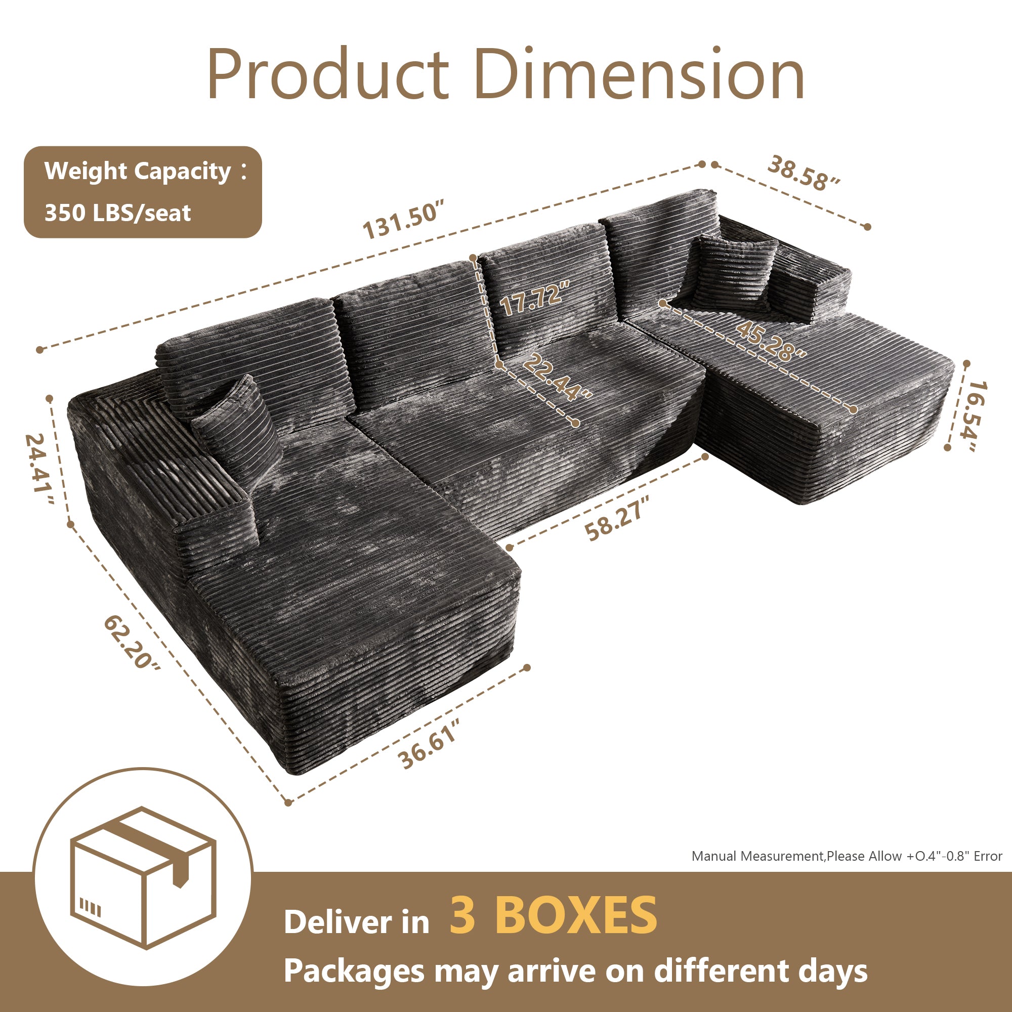 OVIOS U-Shaped Modular Sectional Sofa with Chaise, Plush Corduroy Fabric, No Assembly