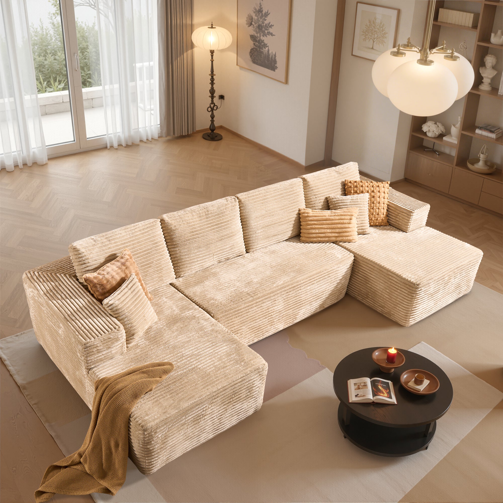 OVIOS U-Shaped Modular Sectional Sofa with Chaise, Plush Corduroy Fabric, No Assembly