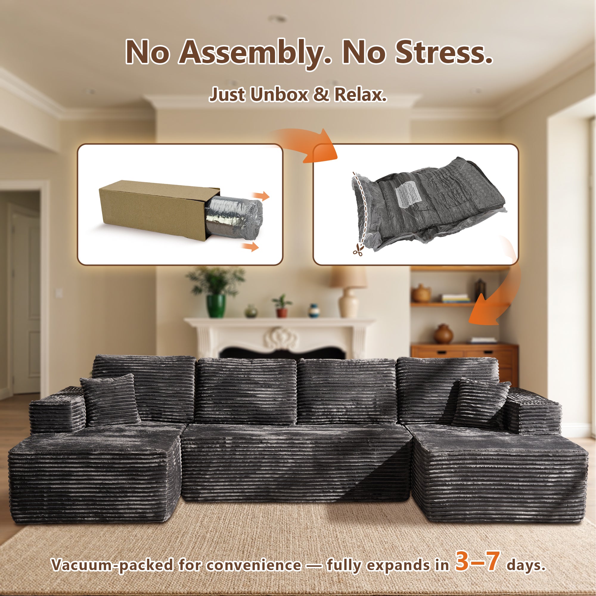 OVIOS U-Shaped Modular Sectional Sofa with Chaise, Plush Corduroy Fabric, No Assembly