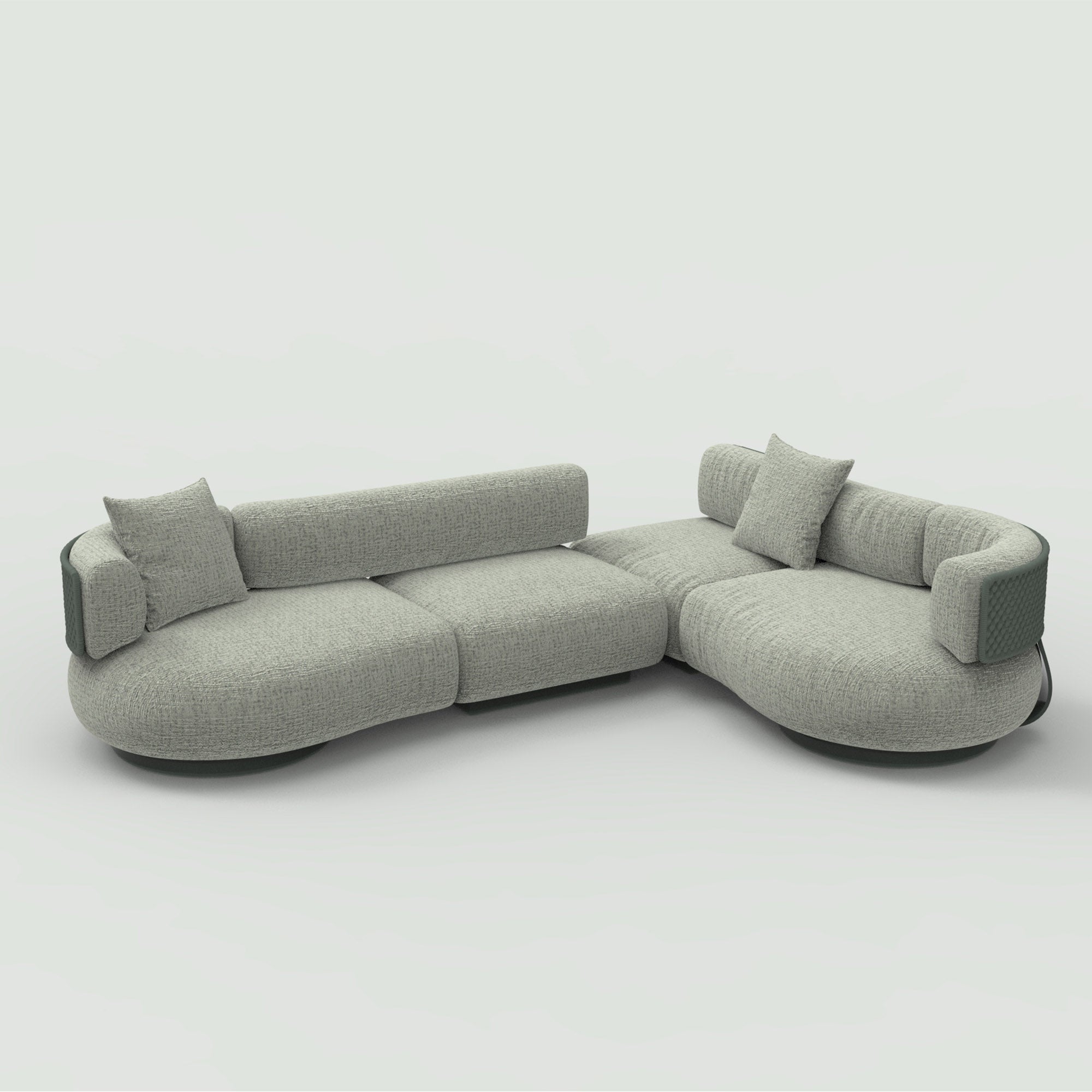 Modern curved OVIOS Eros's Embrace sectional sofa, light grey textured fabric, quilted arms.