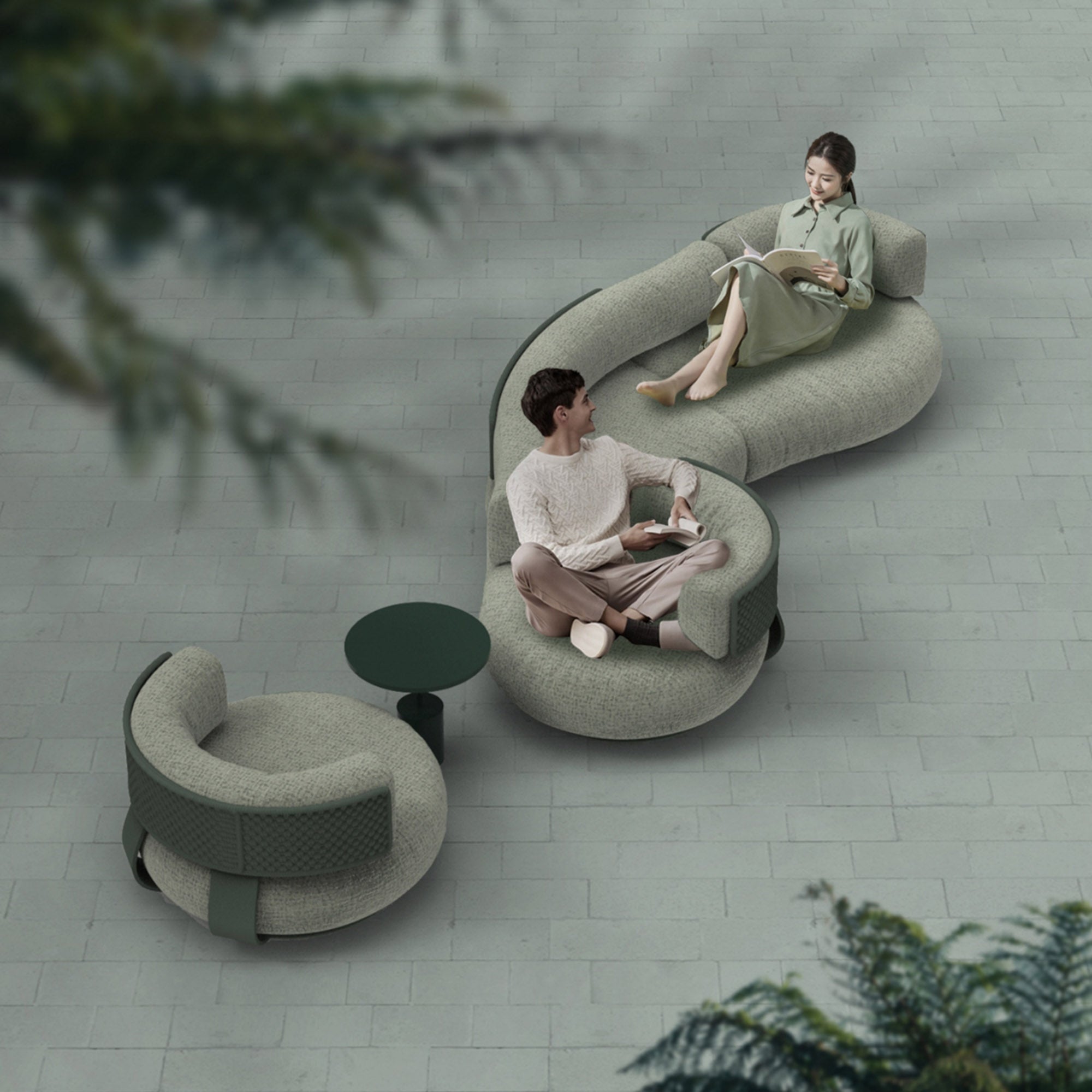 OVIOS Eros's Embrace modern curved sectional sofa, S-shaped design, textured fabric.