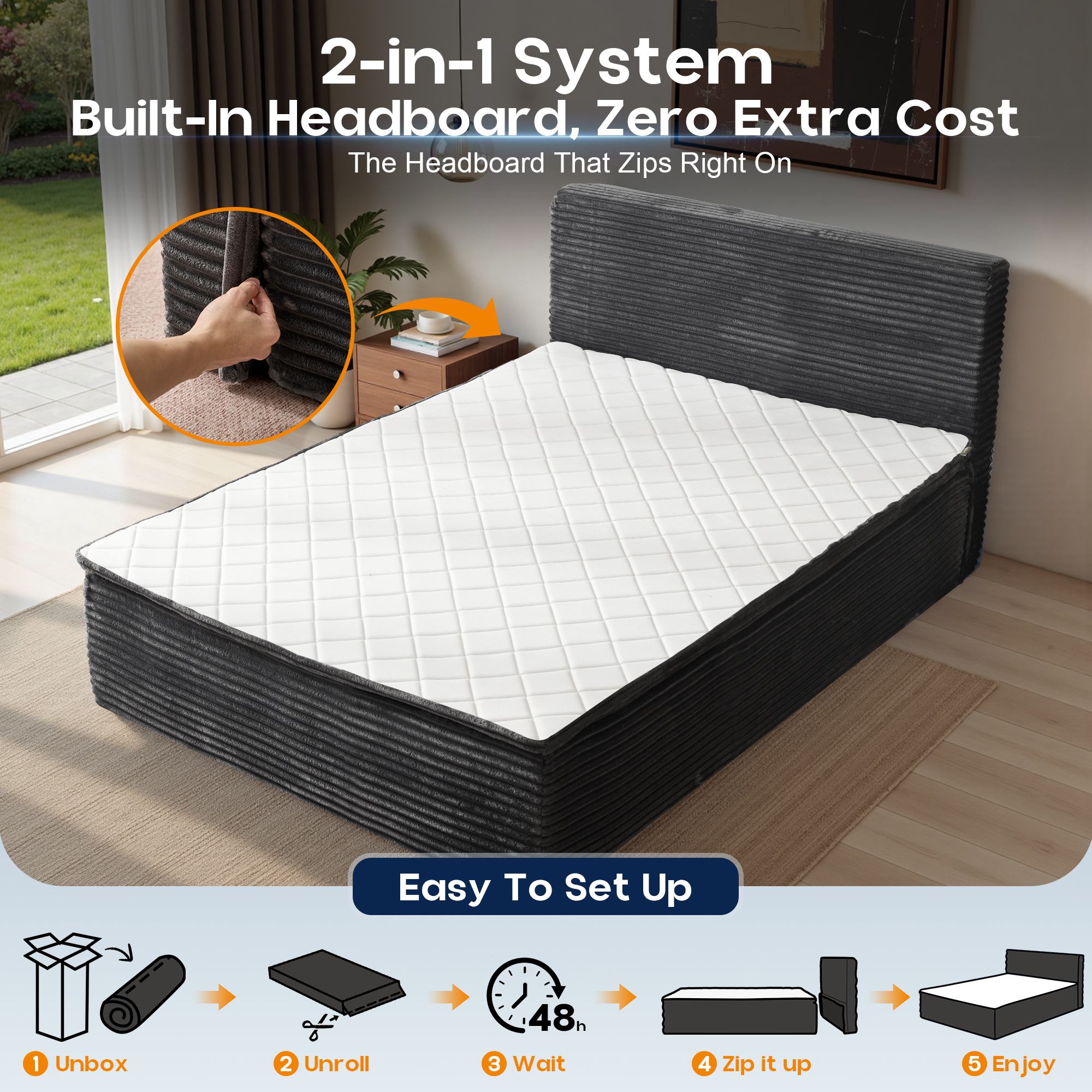 OVIOS Upholstered Bed, No Assembly & Space-Saving for Small Spaces