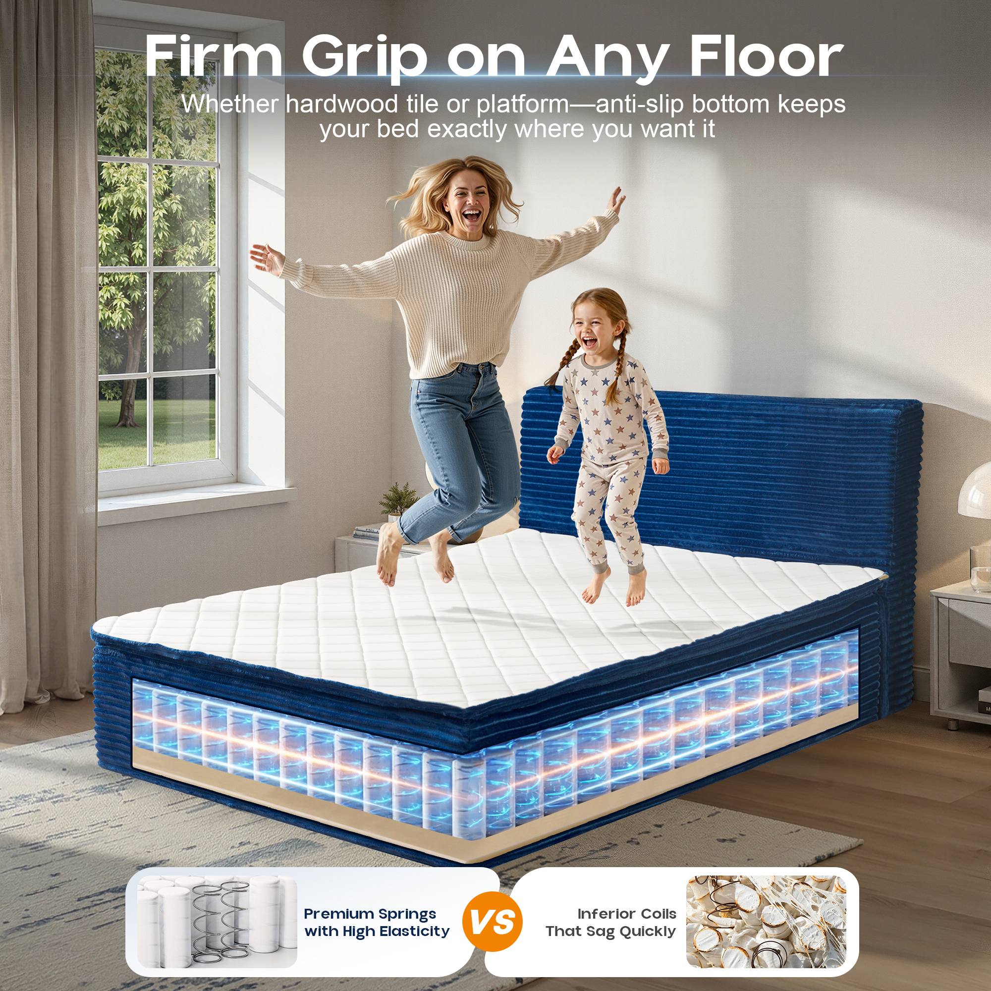 OVIOS Upholstered Bed, No Assembly & Space-Saving for Small Spaces