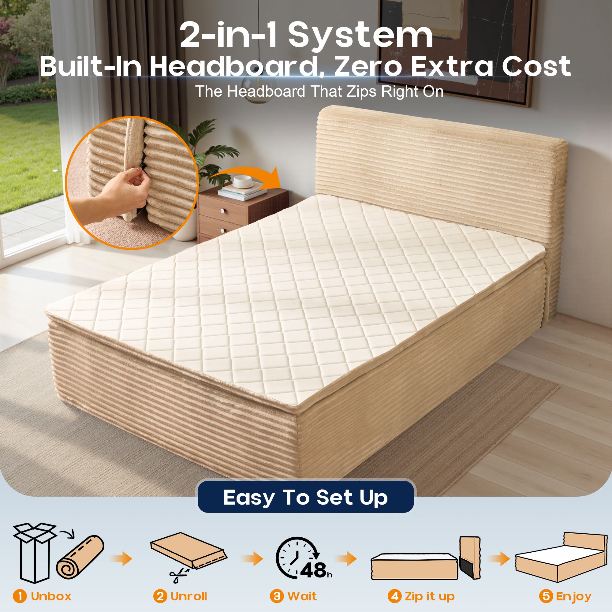 OVIOS Upholstered Bed, No Assembly & Space-Saving for Small Spaces