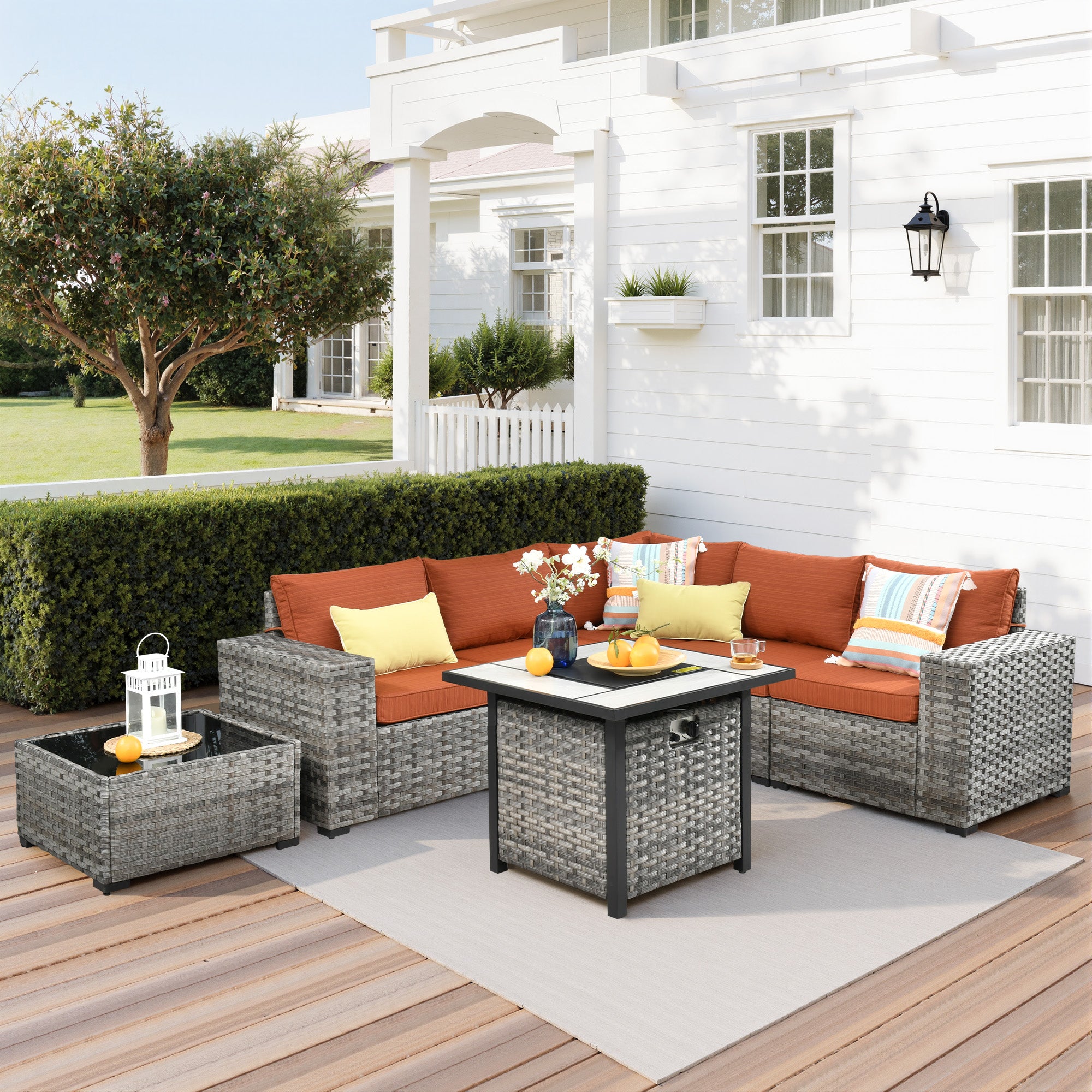 Ovios 13 Pieces Outdoor Furniture with 7.68'' Broad Handrails and Rectangle 42.12'' Fire Pit Table