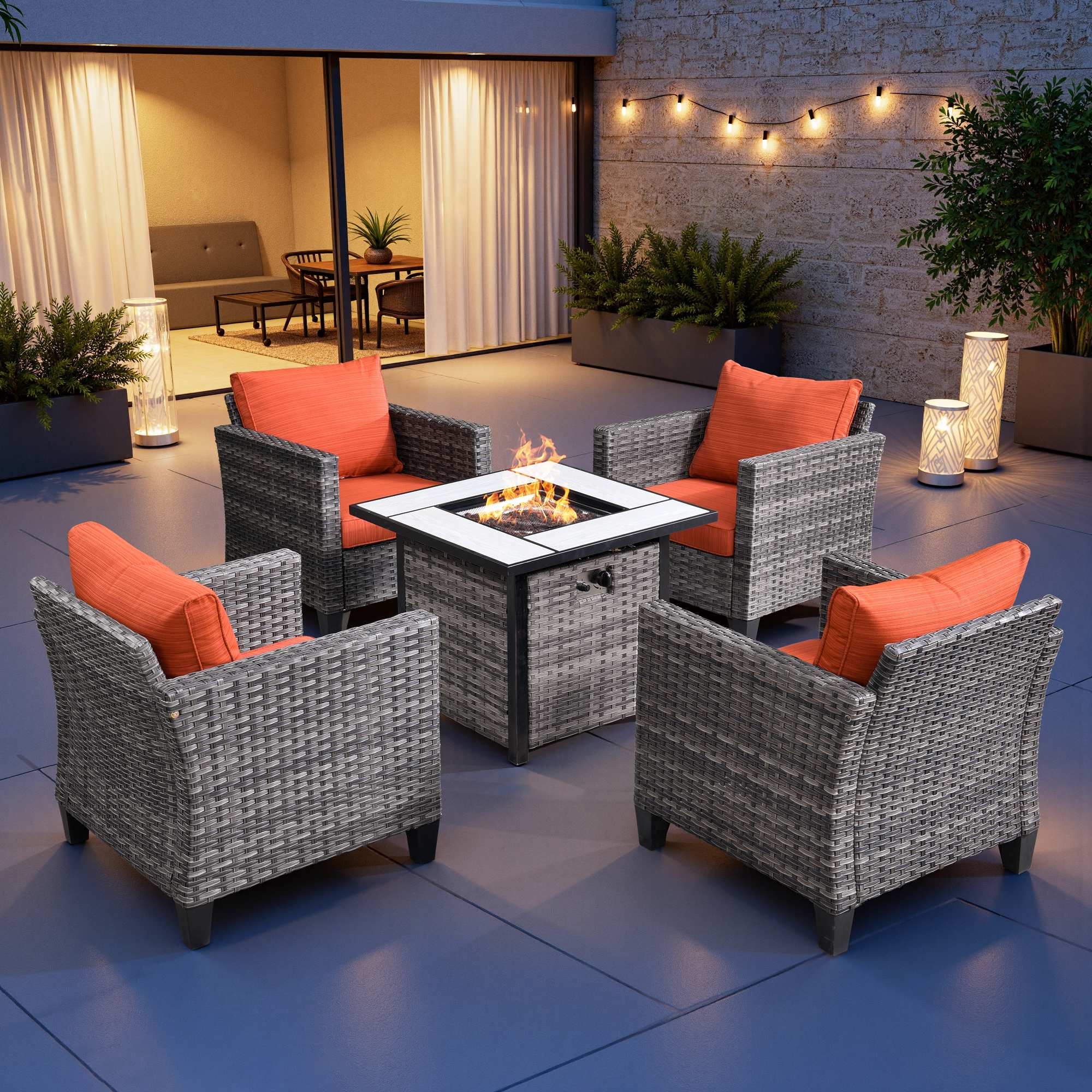 OVIOS 5-Piece Outdoor Patio Furniture Set with Wicker Fire Pit Table