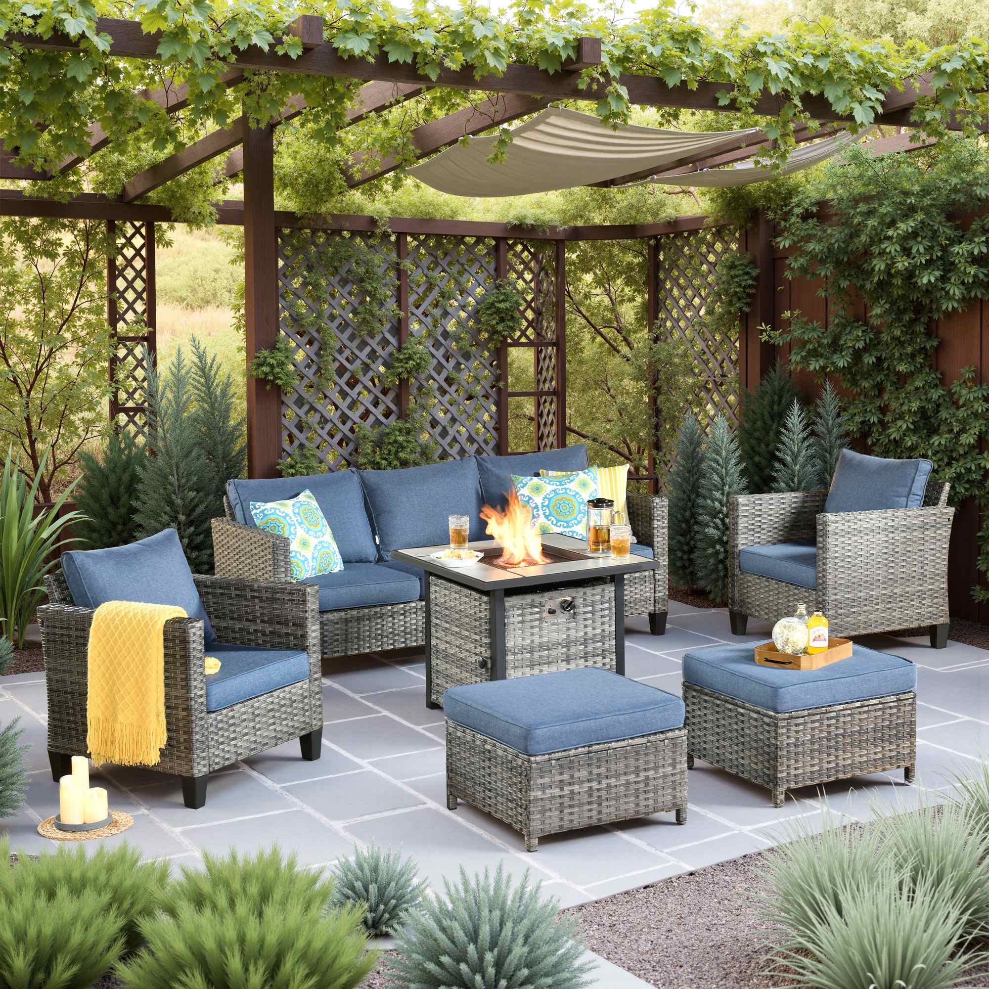 OVIOS Wicker Patio 6-Piece Set With 30'' Wicker Propane Fire Pit Table