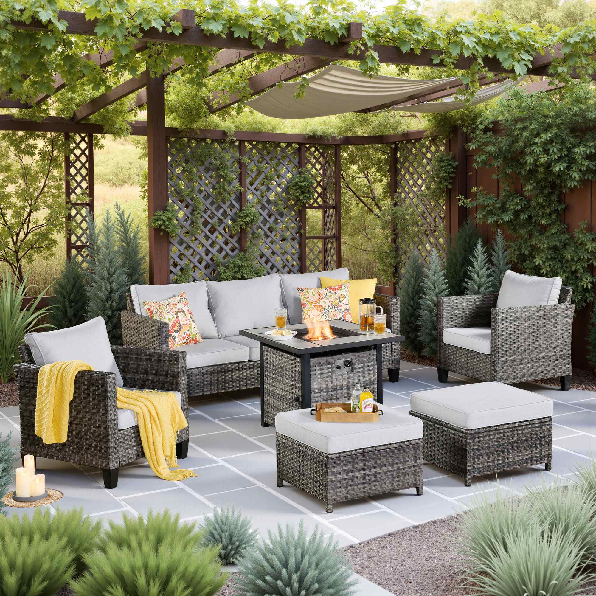 OVIOS Wicker Patio 6-Piece Set With 30'' Wicker Propane Fire Pit Table