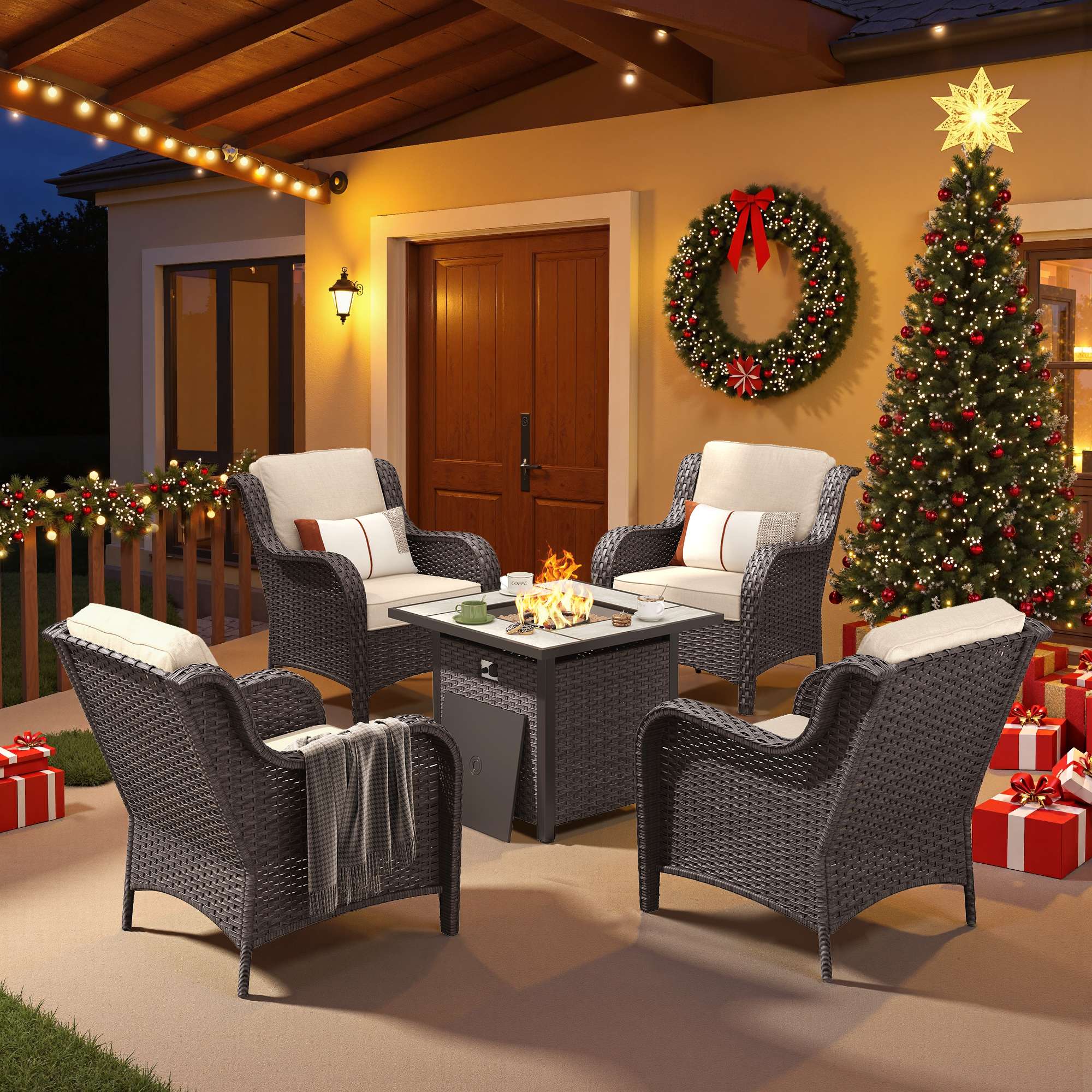 OVIOS Wicker Patio Fire Pit Conversation Seating Set