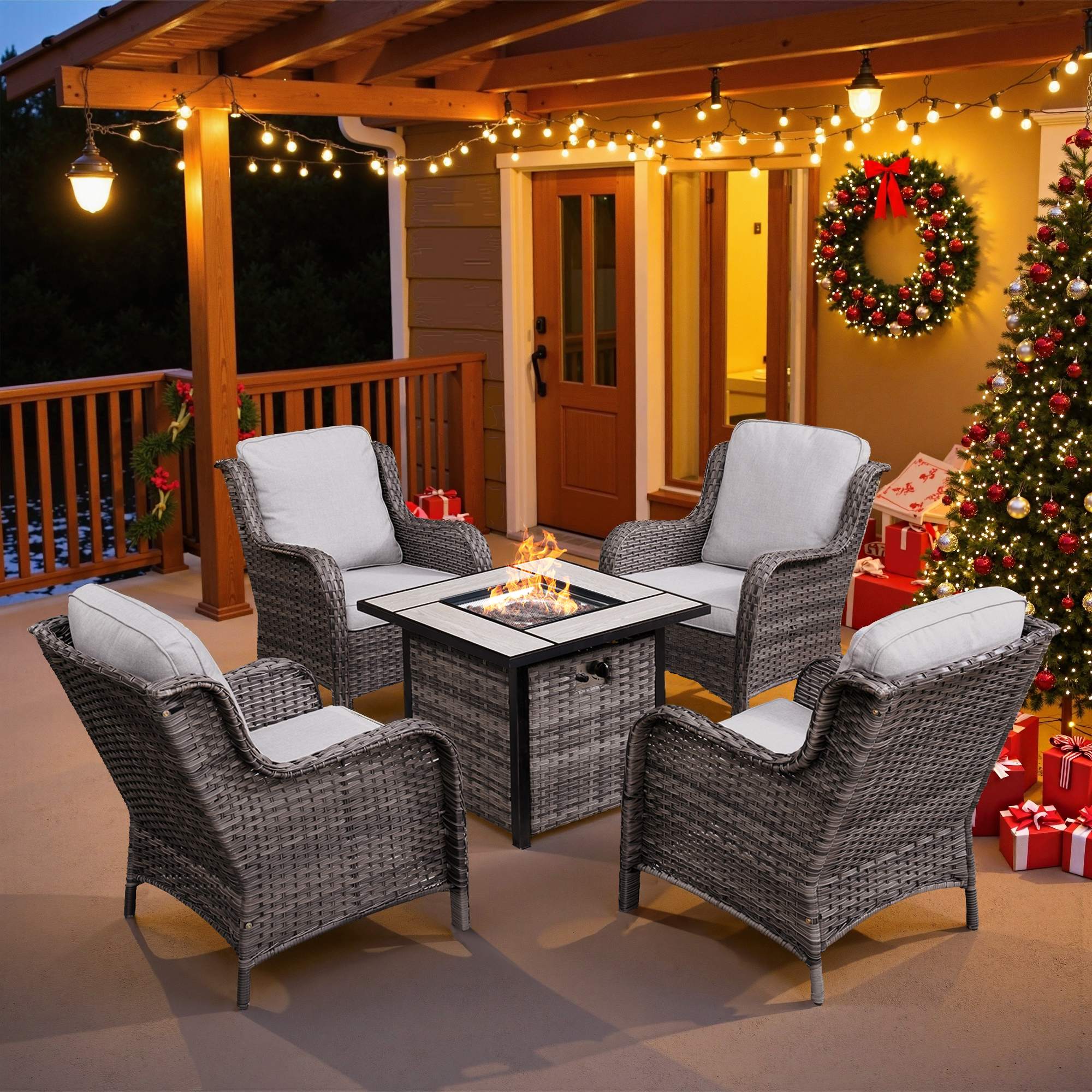 OVIOS Wicker Patio Fire Pit Conversation Seating Set