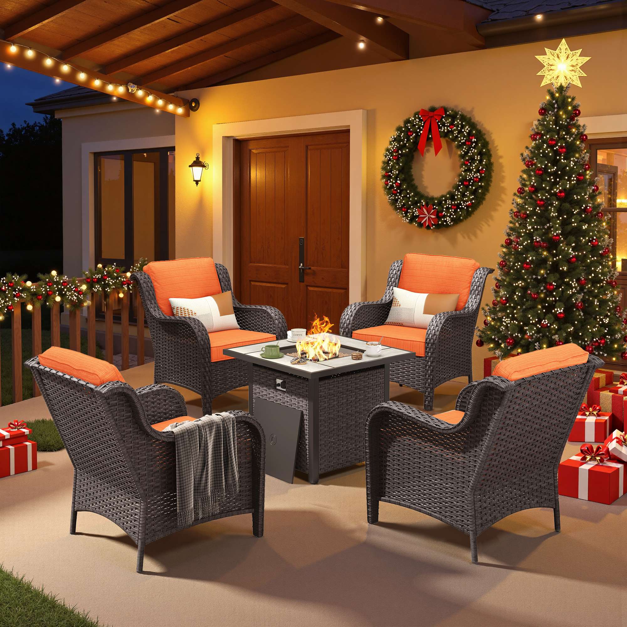 OVIOS Wicker Patio Fire Pit Conversation Seating Set