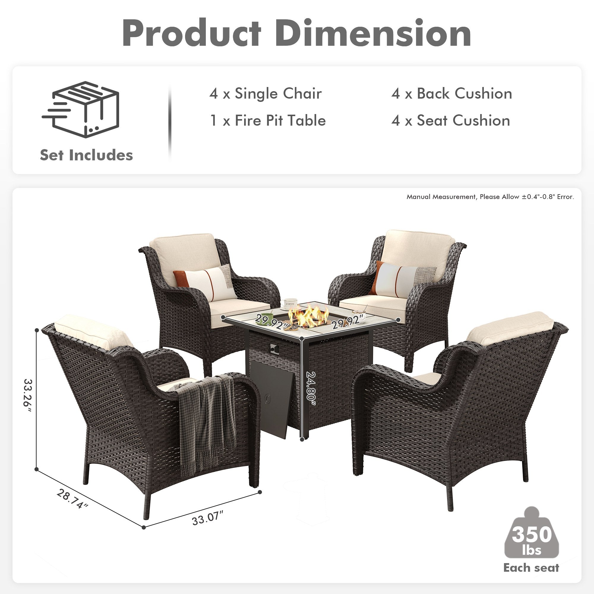 OVIOS Wicker Patio Fire Pit Conversation Seating Set