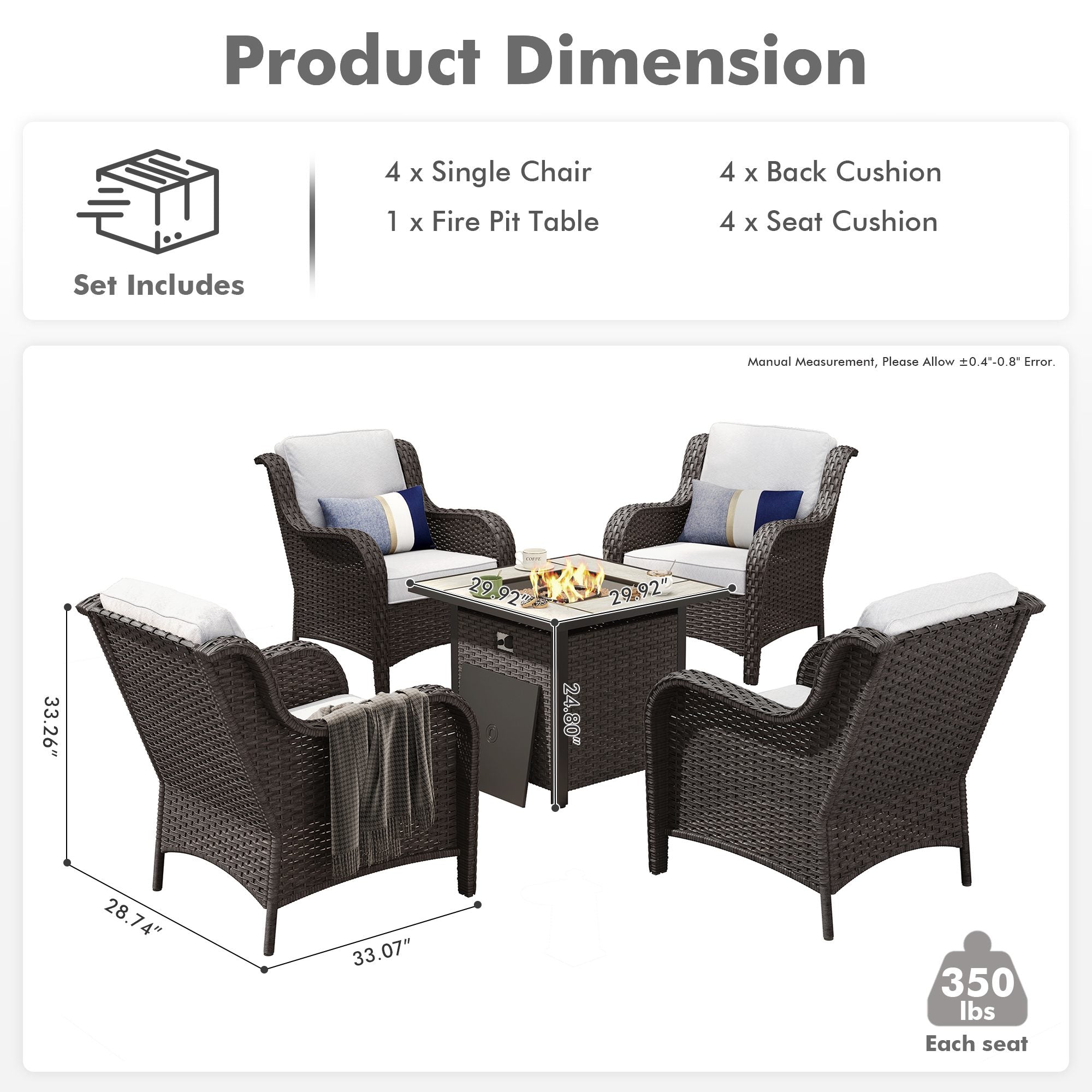 OVIOS Wicker Patio Fire Pit Conversation Seating Set