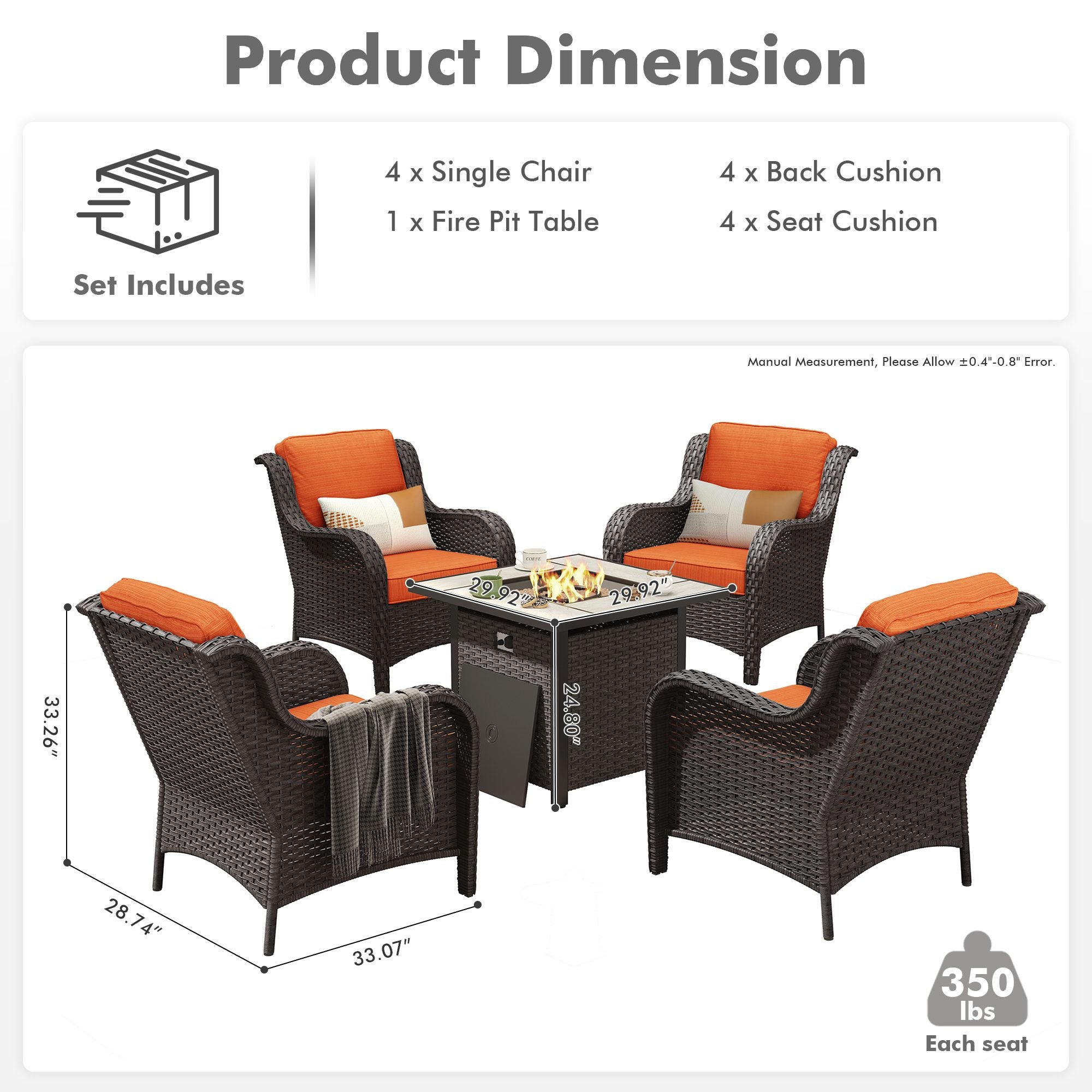 OVIOS Wicker Patio Fire Pit Conversation Seating Set