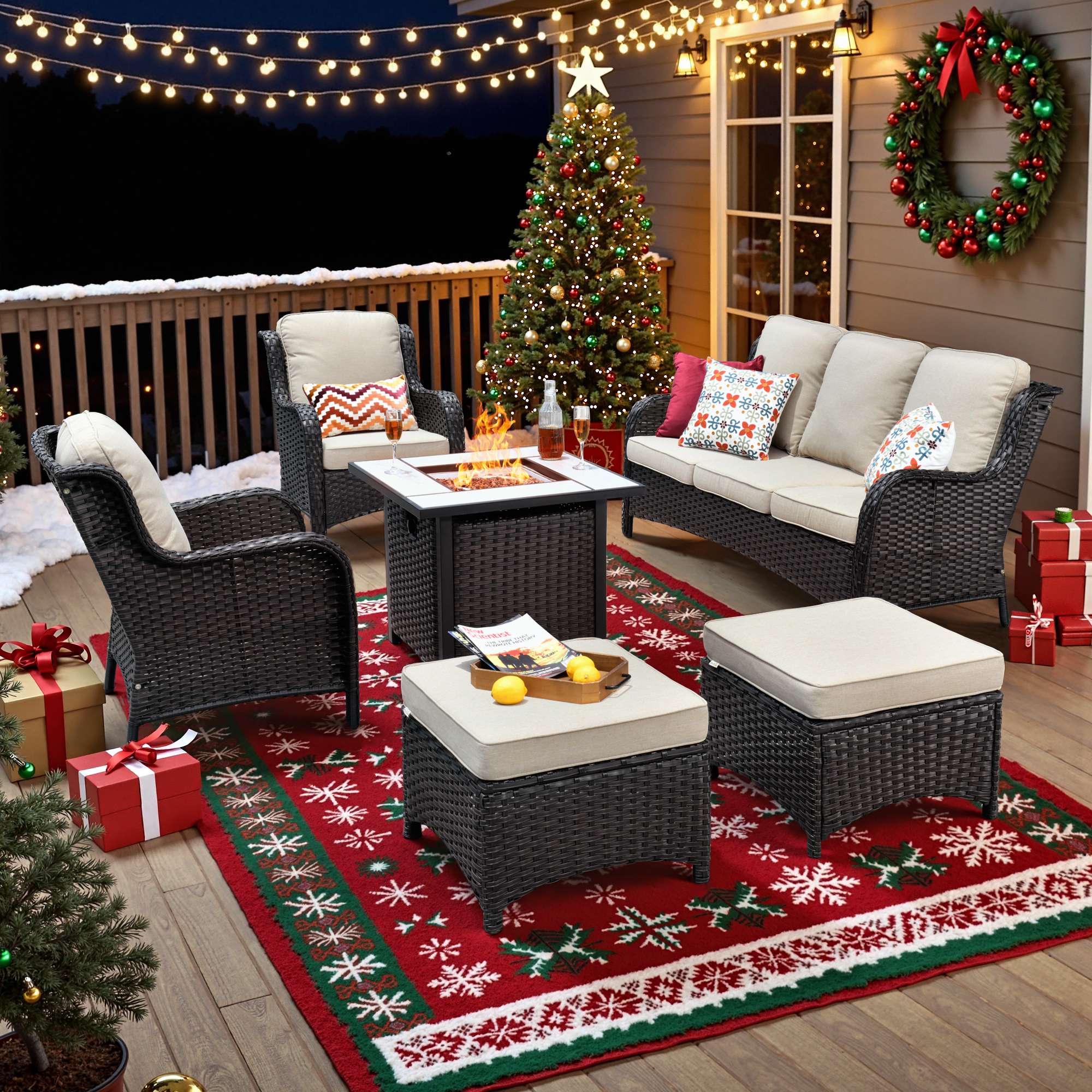 OVIOS Wicker Patio Fire Pit Conversation Seating Set