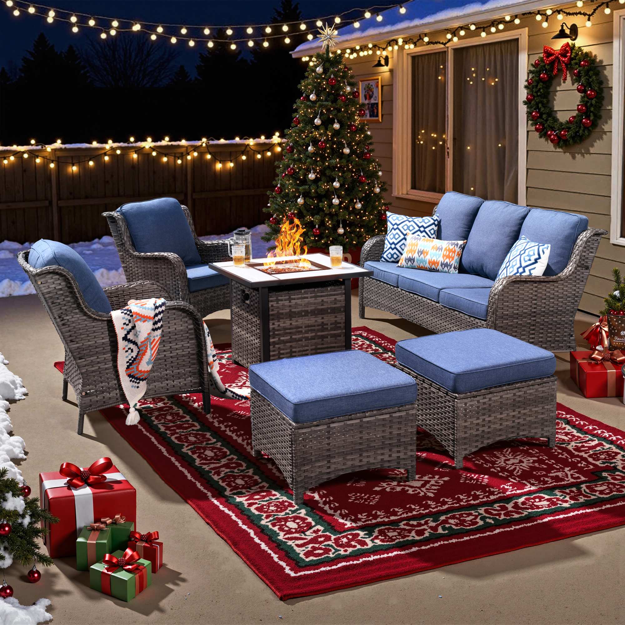 OVIOS Wicker Patio Fire Pit Conversation Seating Set