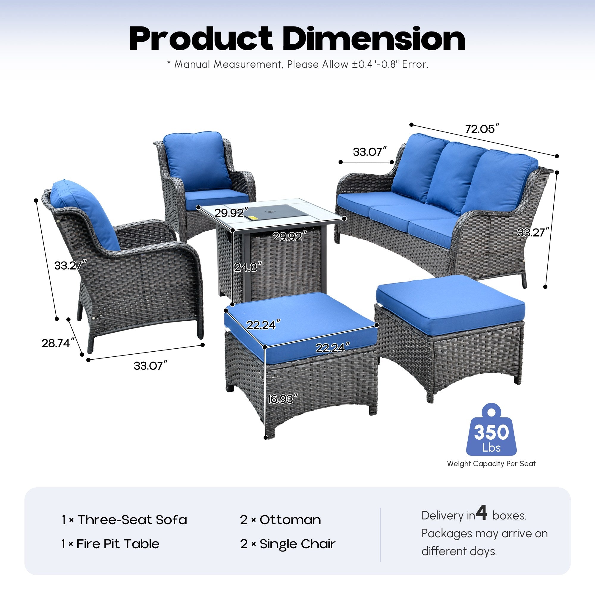 OVIOS Wicker Patio Fire Pit Conversation Seating Set