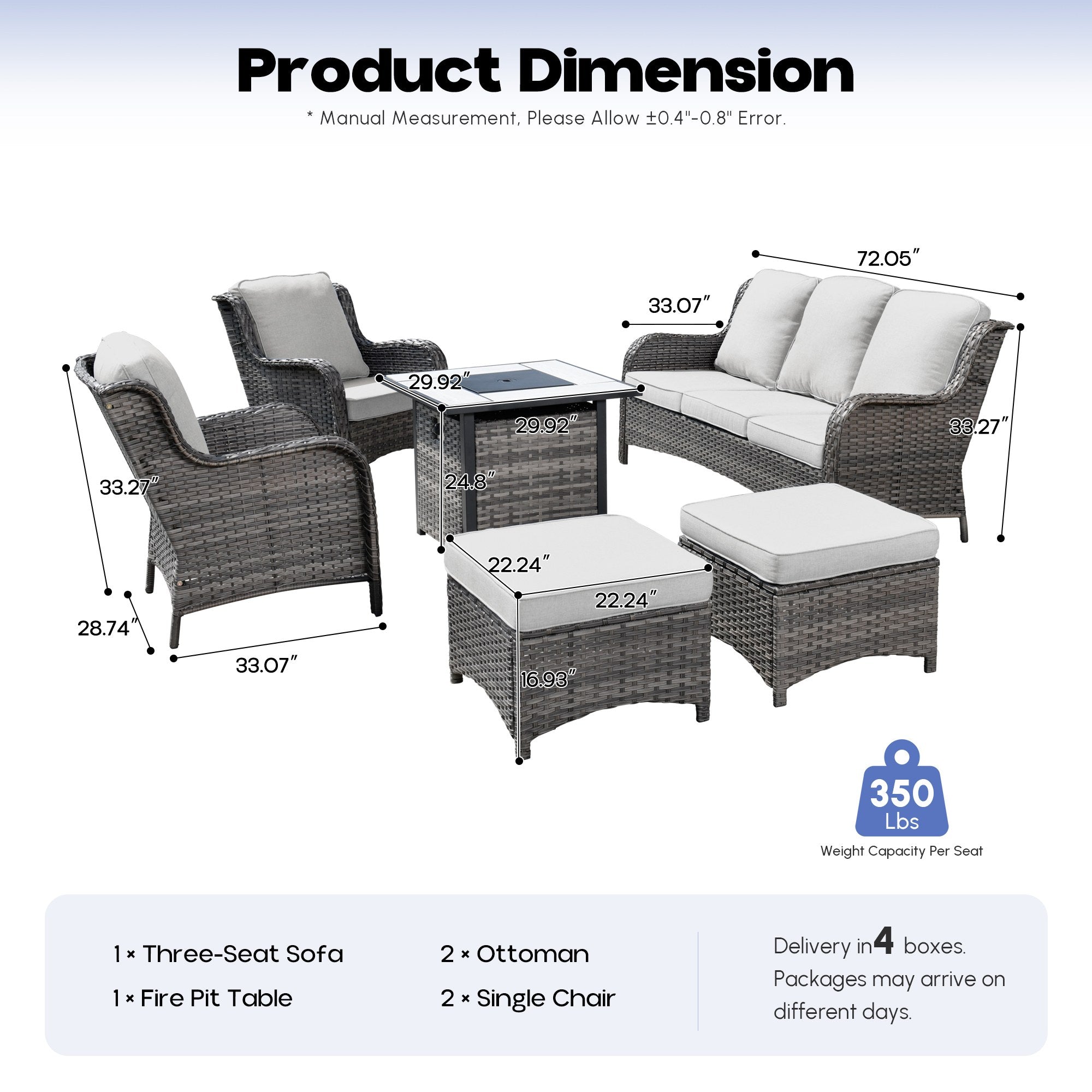 OVIOS Wicker Patio Fire Pit Conversation Seating Set