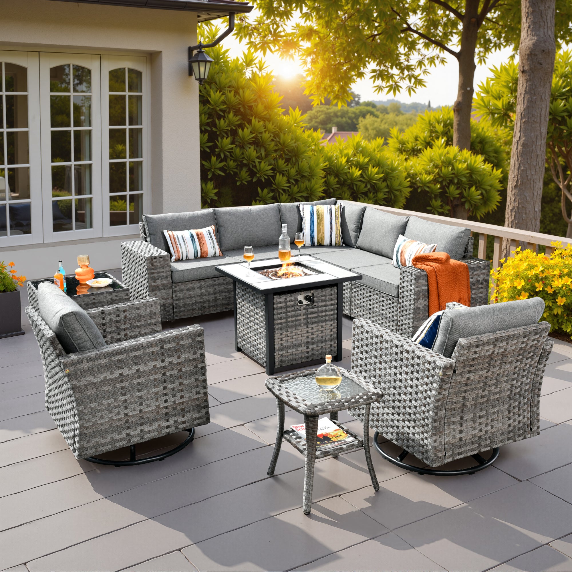 Ovios Outdoor Patio Furniture Set with Fire Pit Table and Chairs with Wide Armrests
