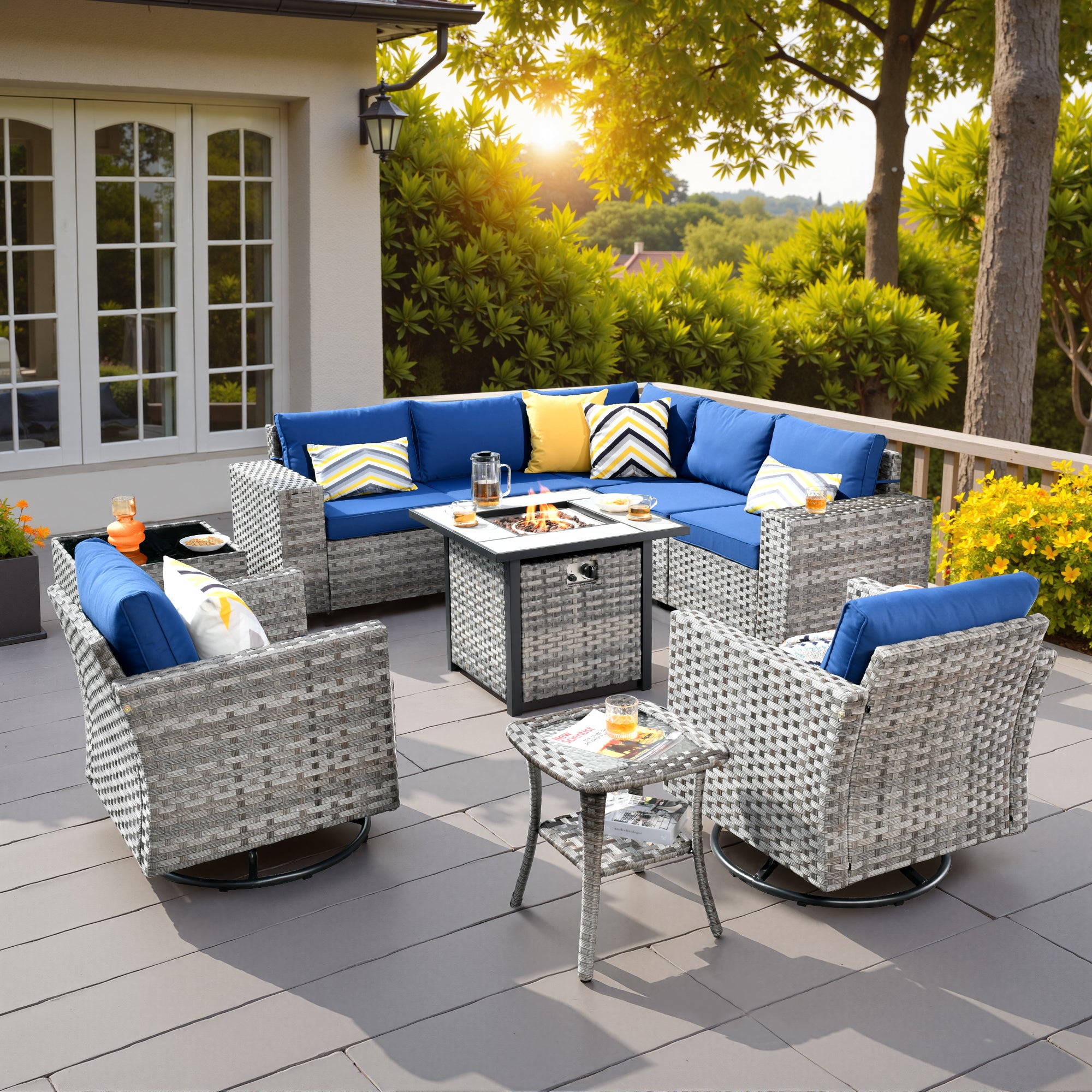 Ovios Outdoor Patio Furniture Set with Fire Pit Table and Chairs with Wide Armrests