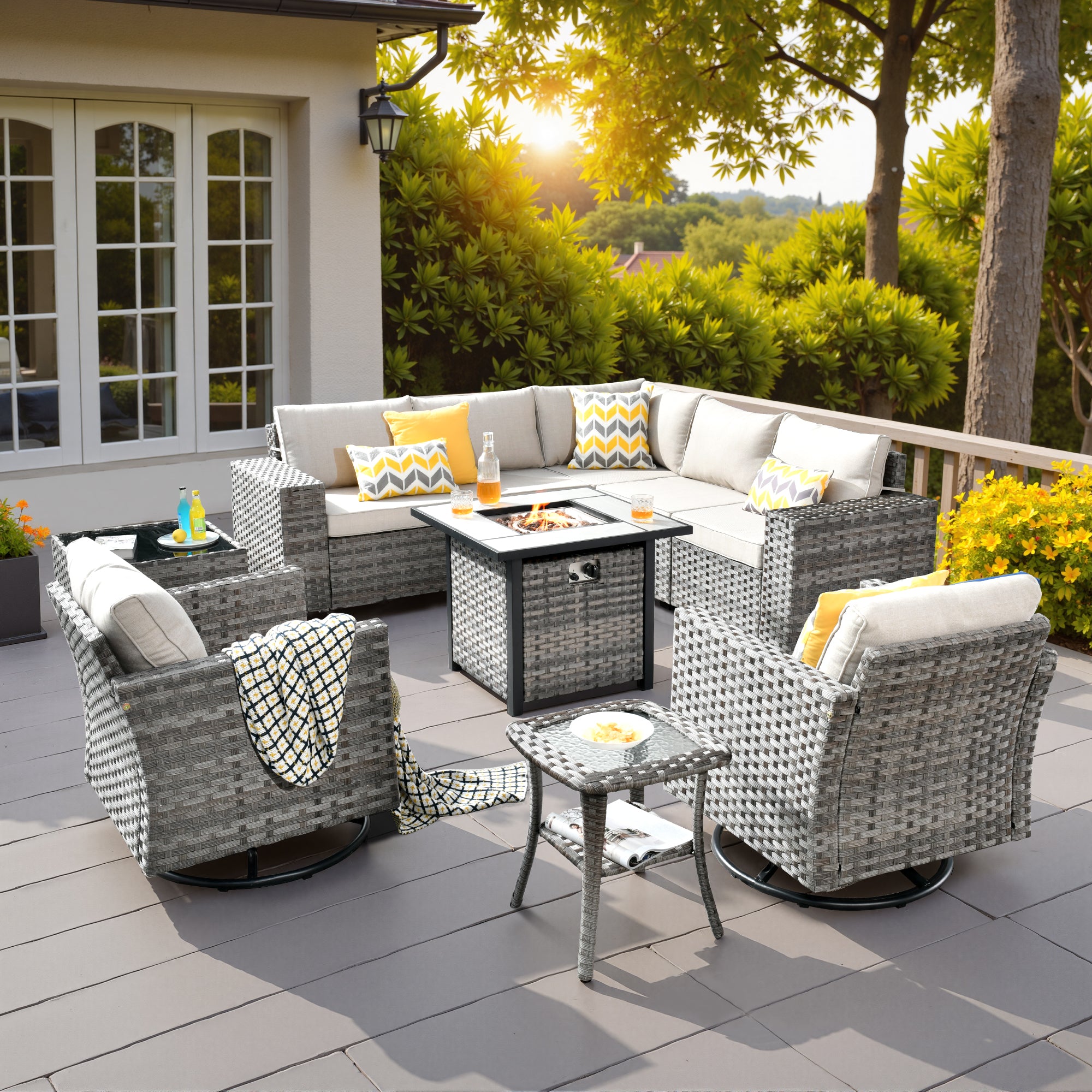 Ovios Outdoor Patio Furniture Set with Fire Pit Table and Chairs with Wide Armrests