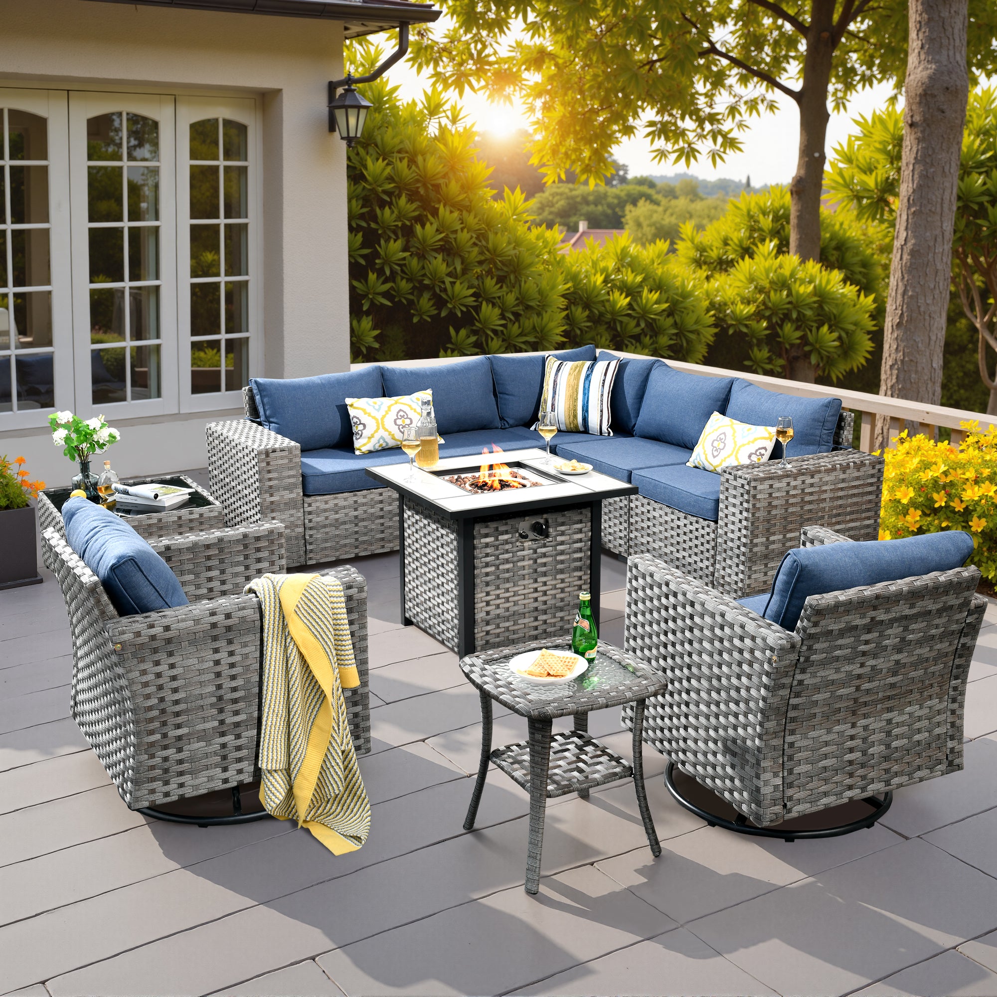 Ovios Outdoor Patio Furniture Set with Fire Pit Table and Chairs with Wide Armrests