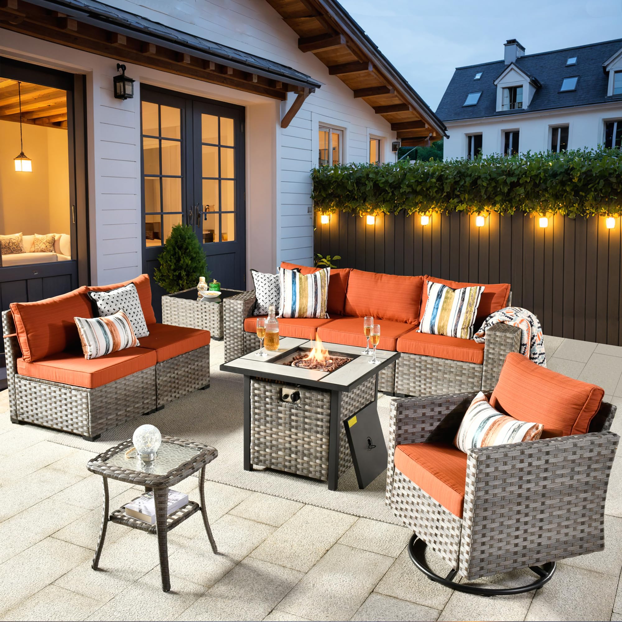 Orange Red | Ovios 9-piece modular rattan patio set: sectional sofa, swivel chair, 30" fire pit table.