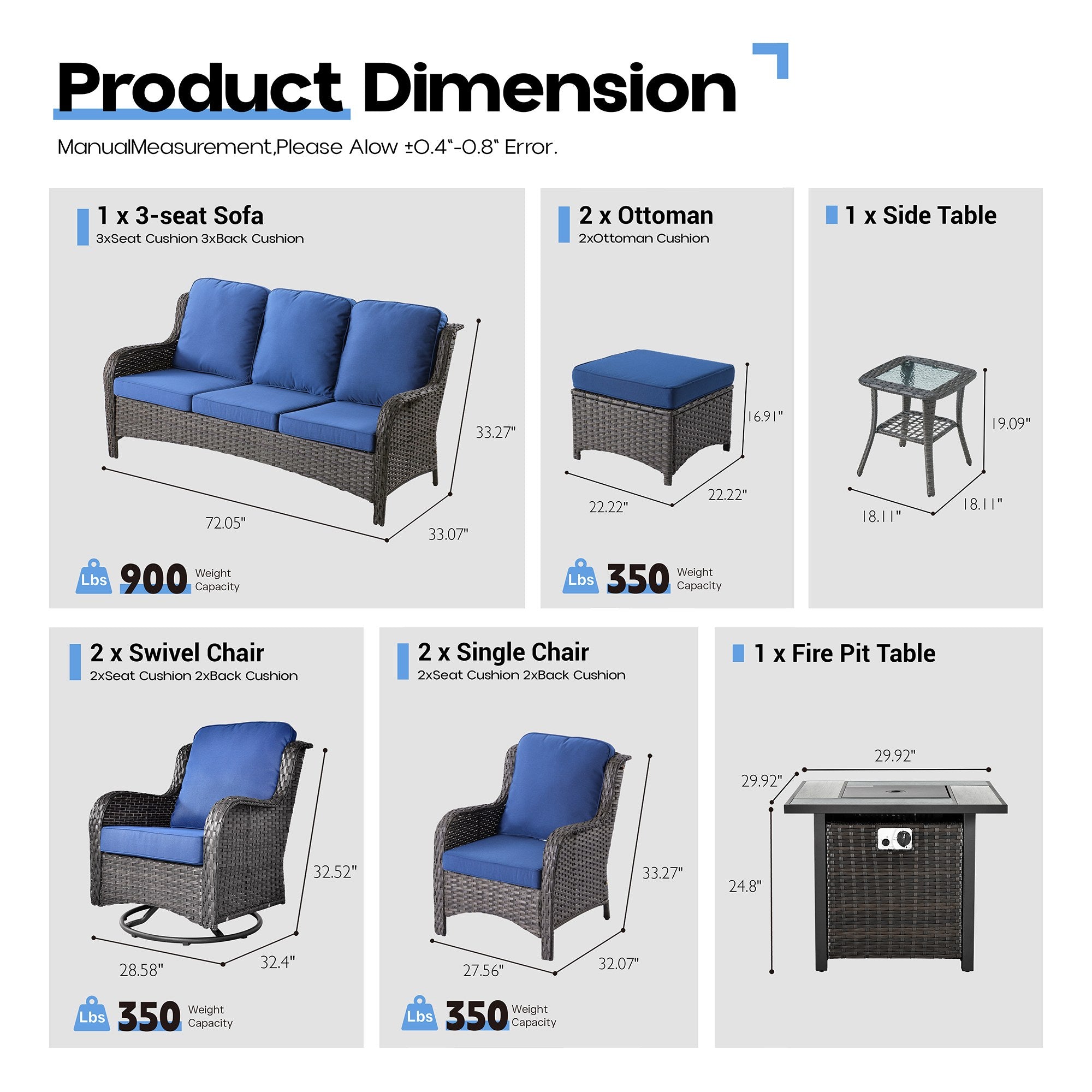 OVIOS Wicker Patio Fire Pit Conversation Seating Set