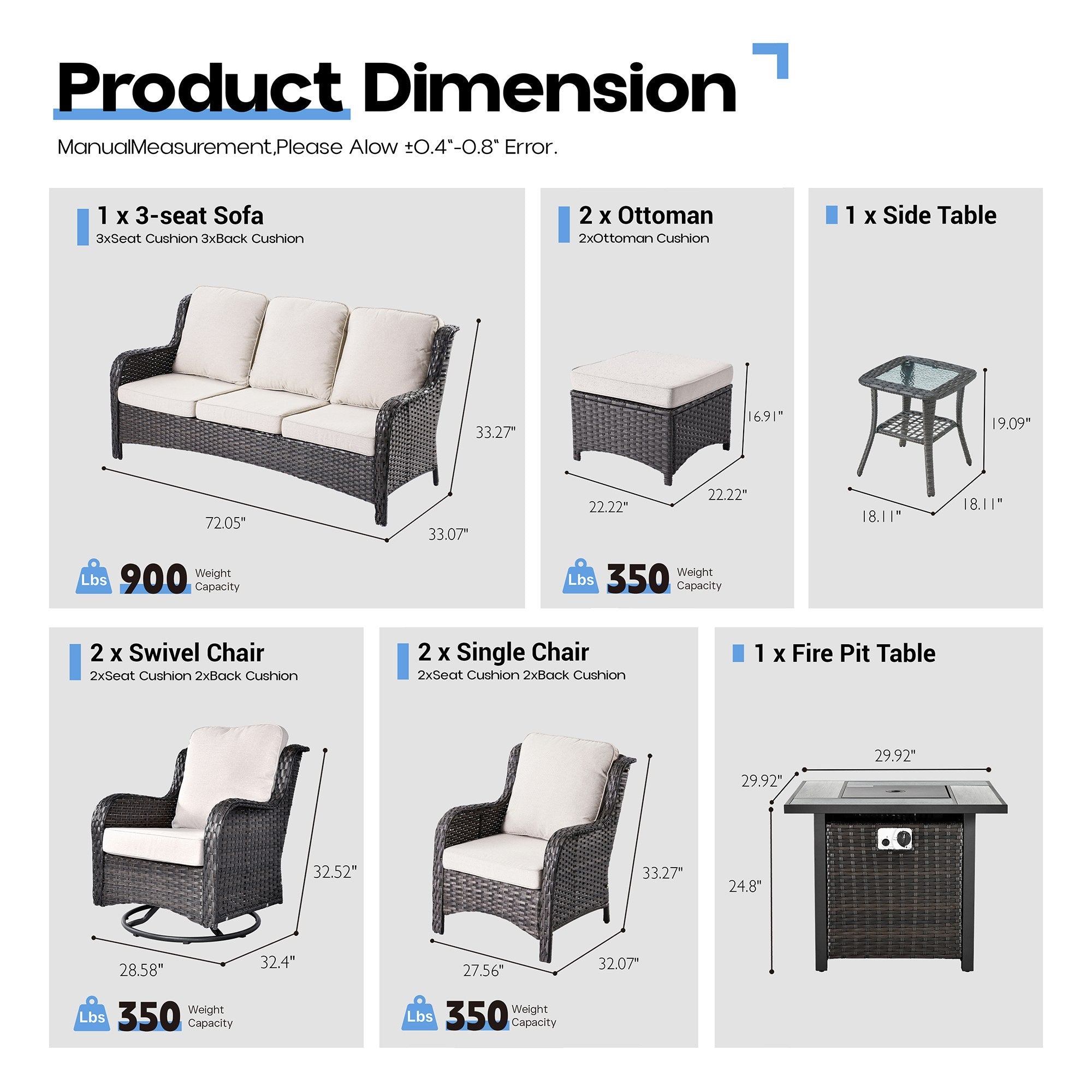 OVIOS Wicker Patio Fire Pit Conversation Seating Set