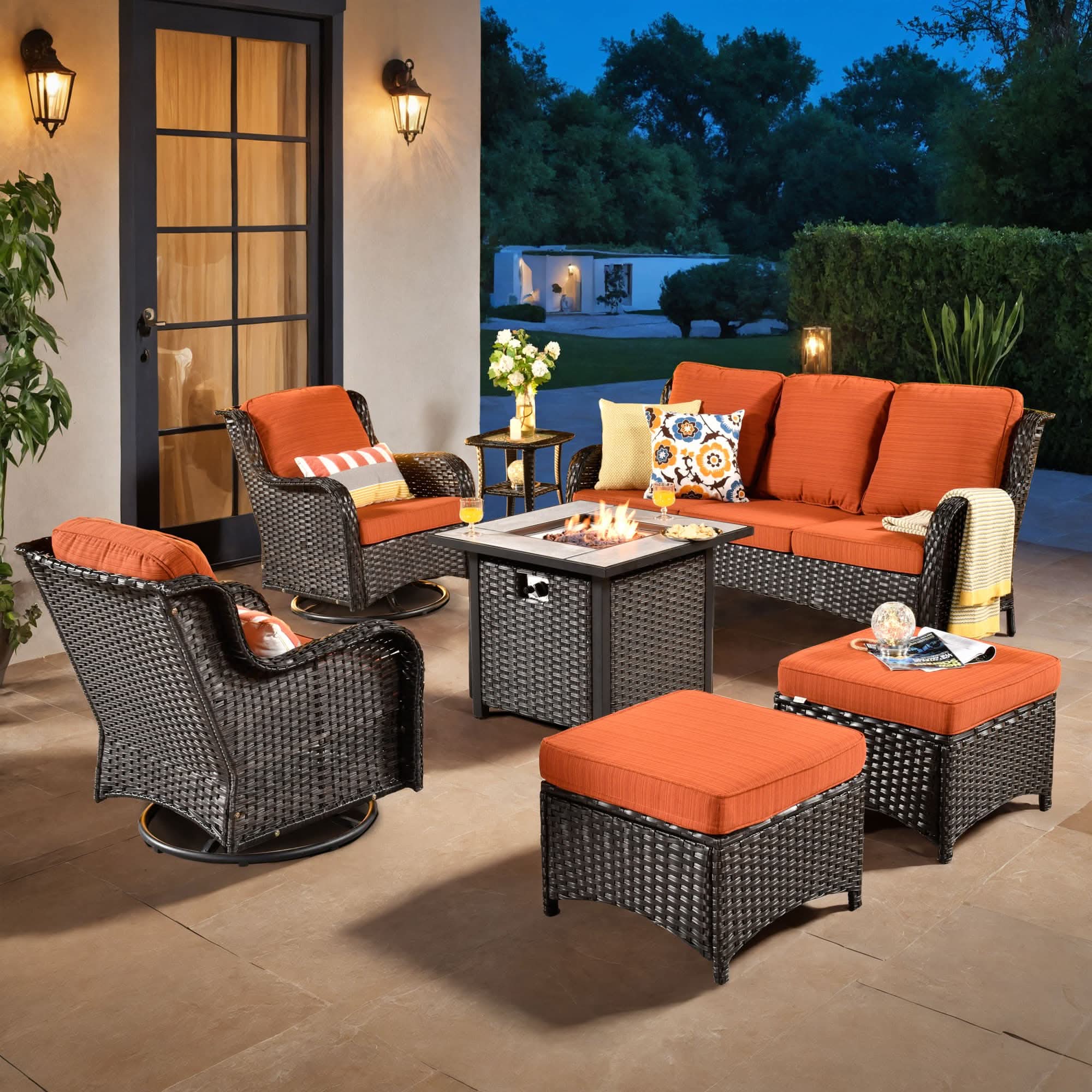 OVIOS Wicker Patio Fire Pit Conversation Seating Set