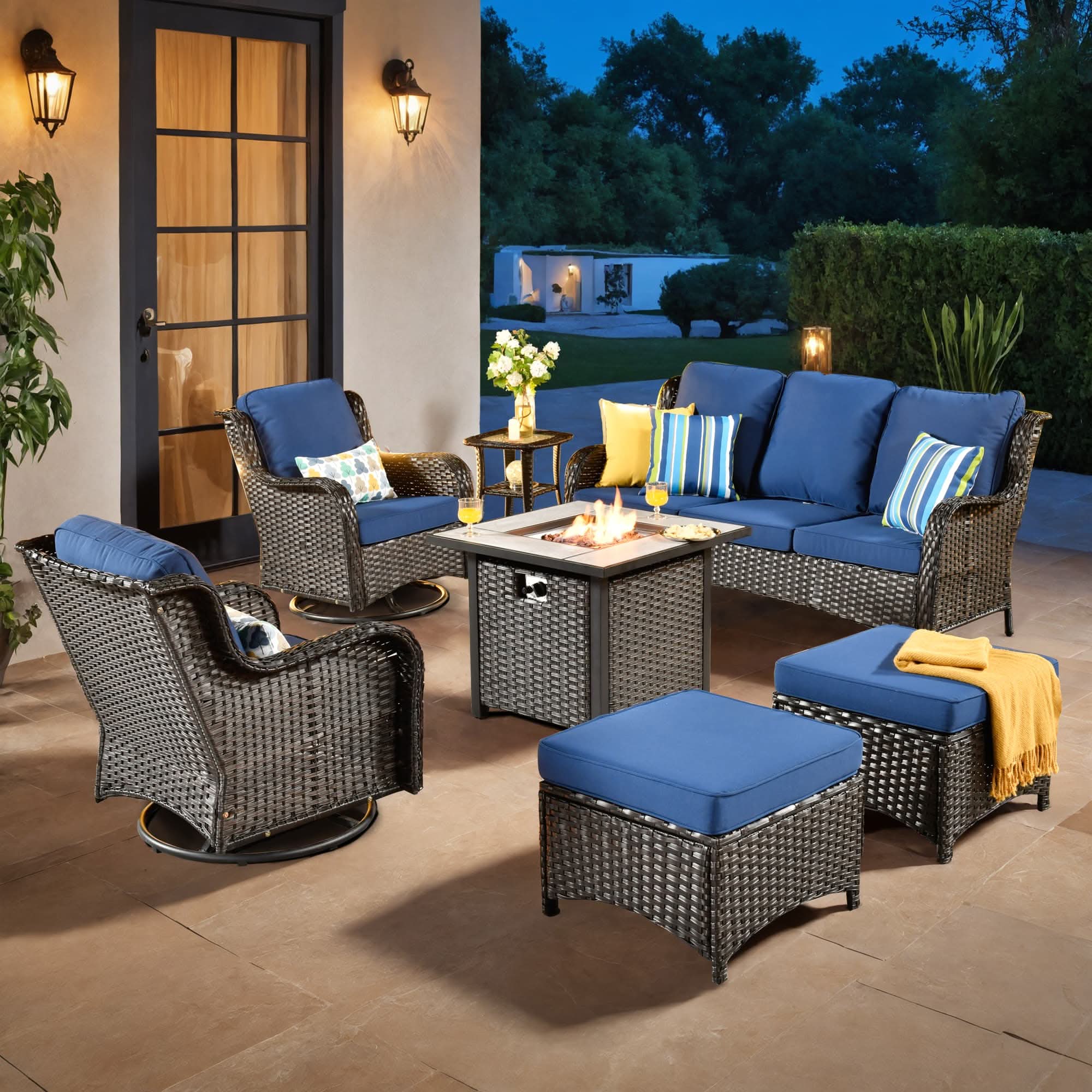 OVIOS Wicker Patio Fire Pit Conversation Seating Set