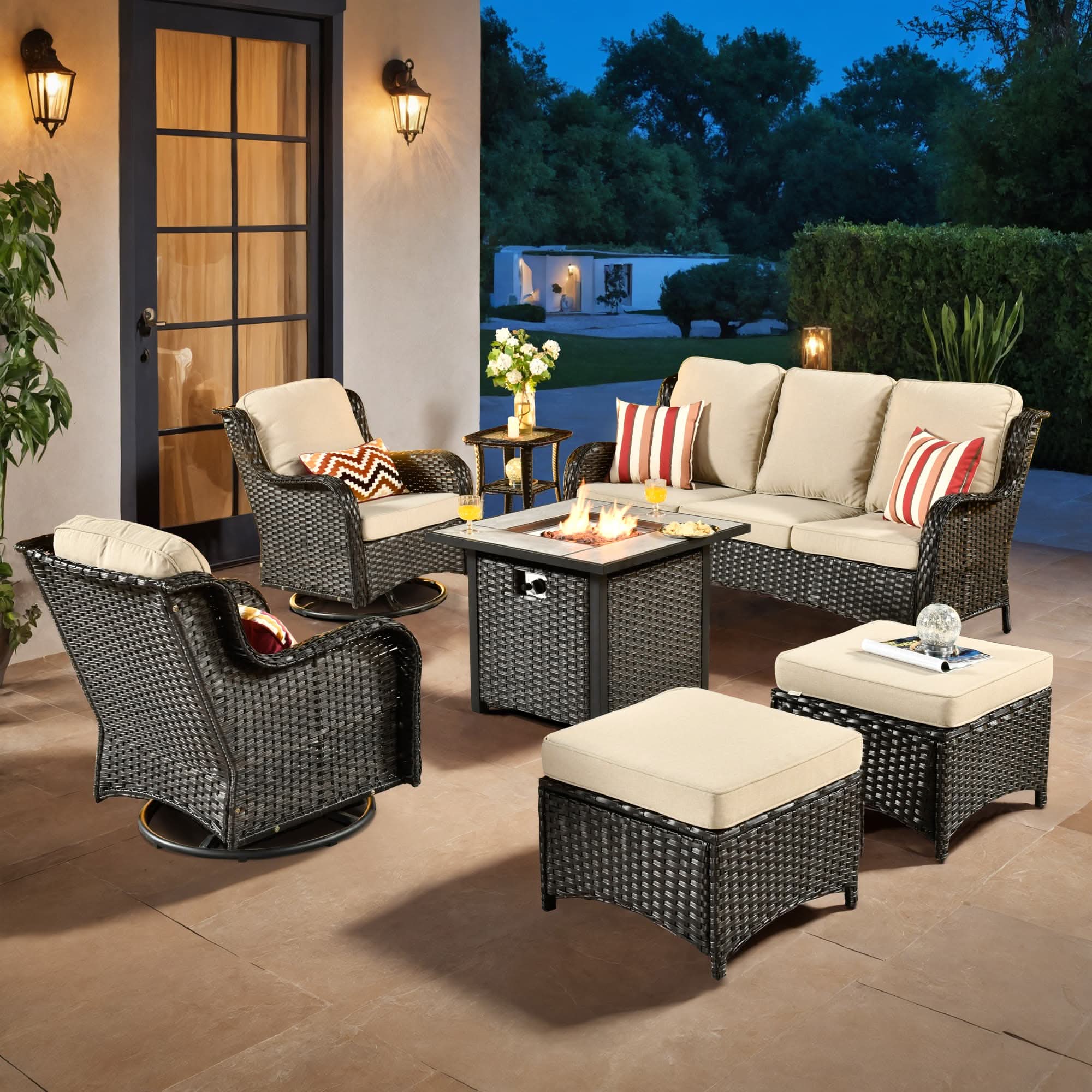 OVIOS Wicker Patio Fire Pit Conversation Seating Set