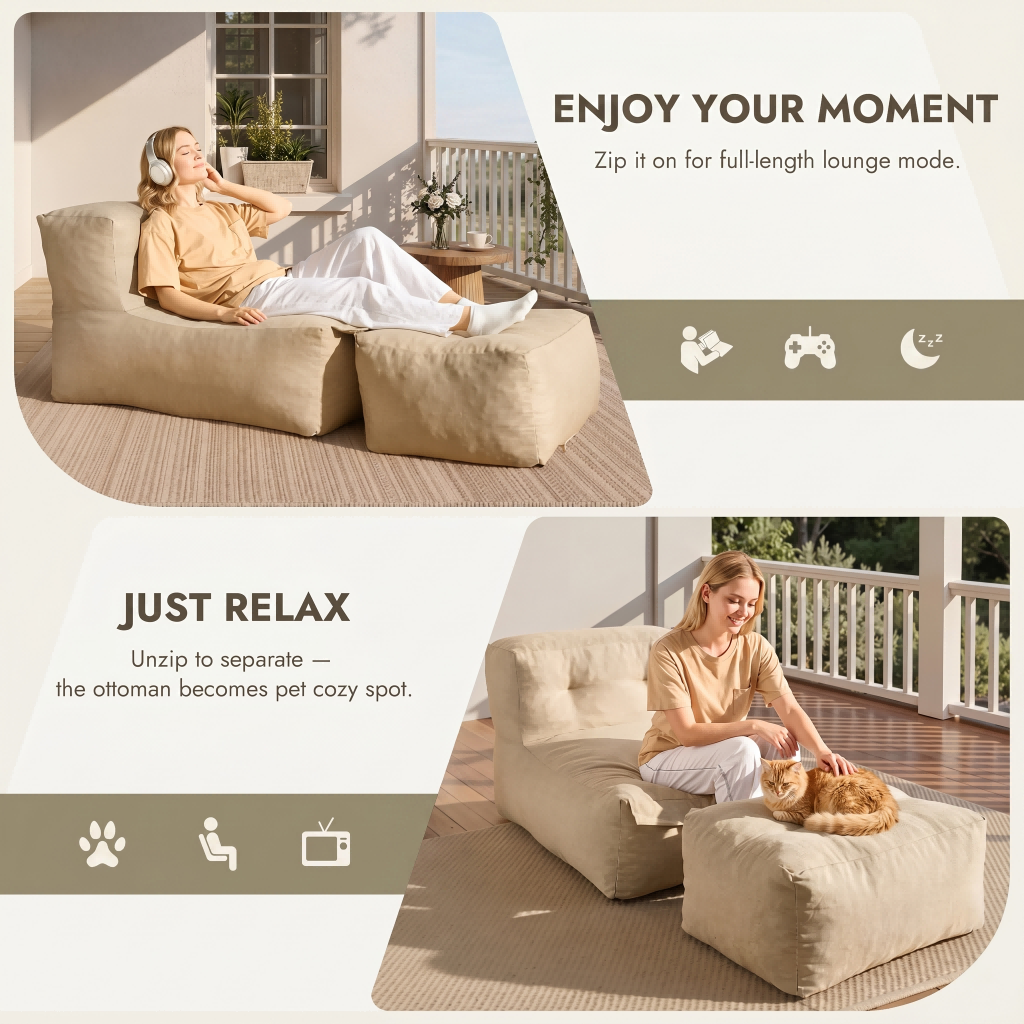 OVIOS Lounge Sofa Set, Bean Bag Lounge Chair with Ottoman, Floor Sofa with Footrest for Indoor & Outdoor