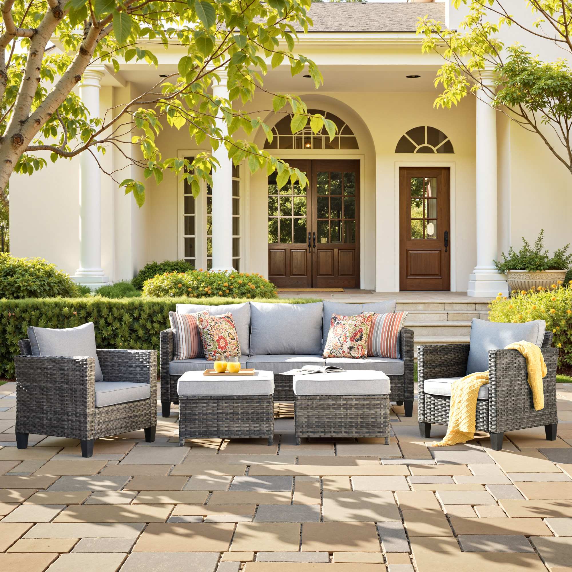 OVIOS Outdoor Patio Furniture Set with Wicker Sofa Loveseat Ottomans and Rocking Chairs