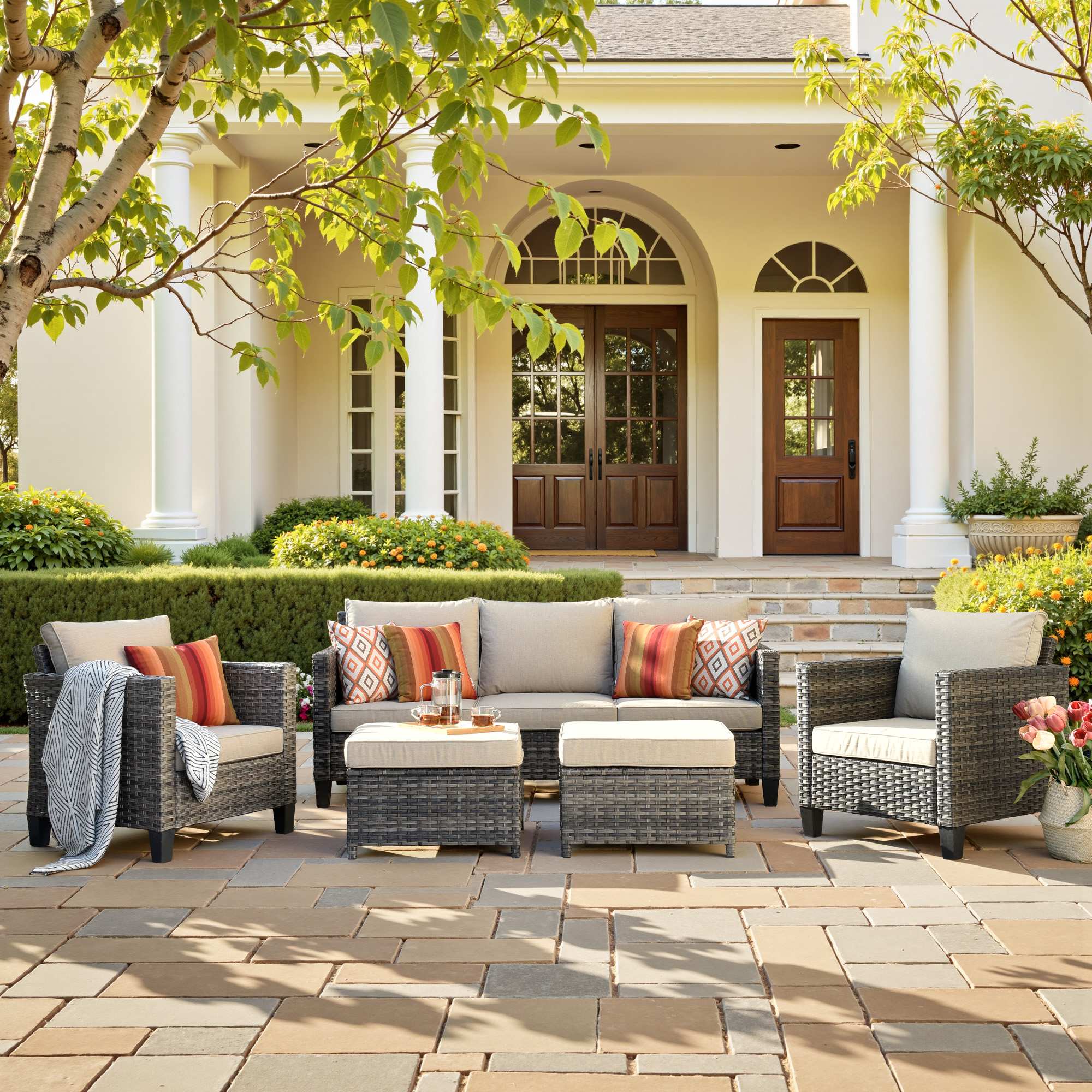 OVIOS Outdoor Patio Furniture Set with Wicker Sofa Loveseat Ottomans and Rocking Chairs