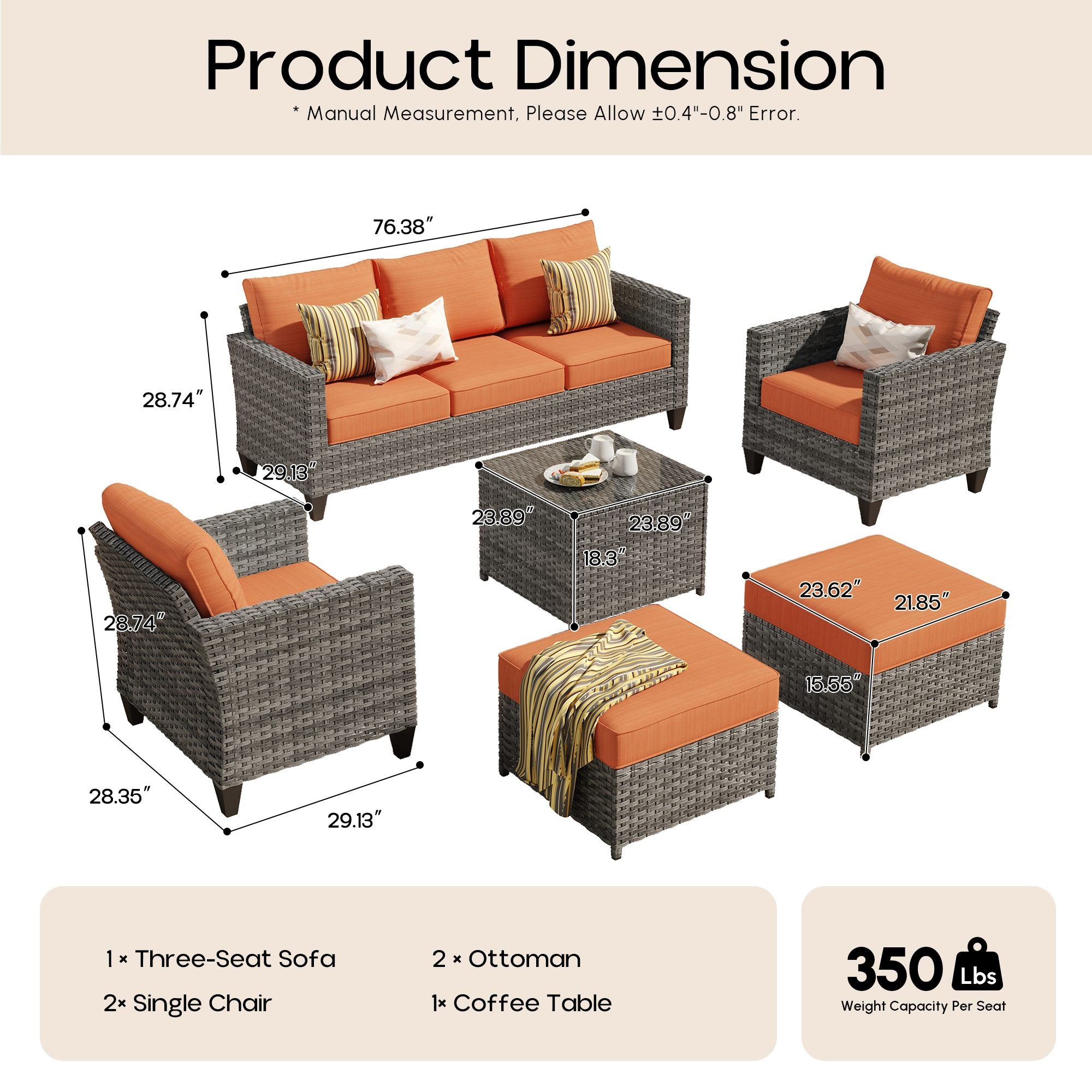 OVIOS Outdoor Patio Furniture Set with Wicker Sofa Loveseat Ottomans and Rocking Chairs