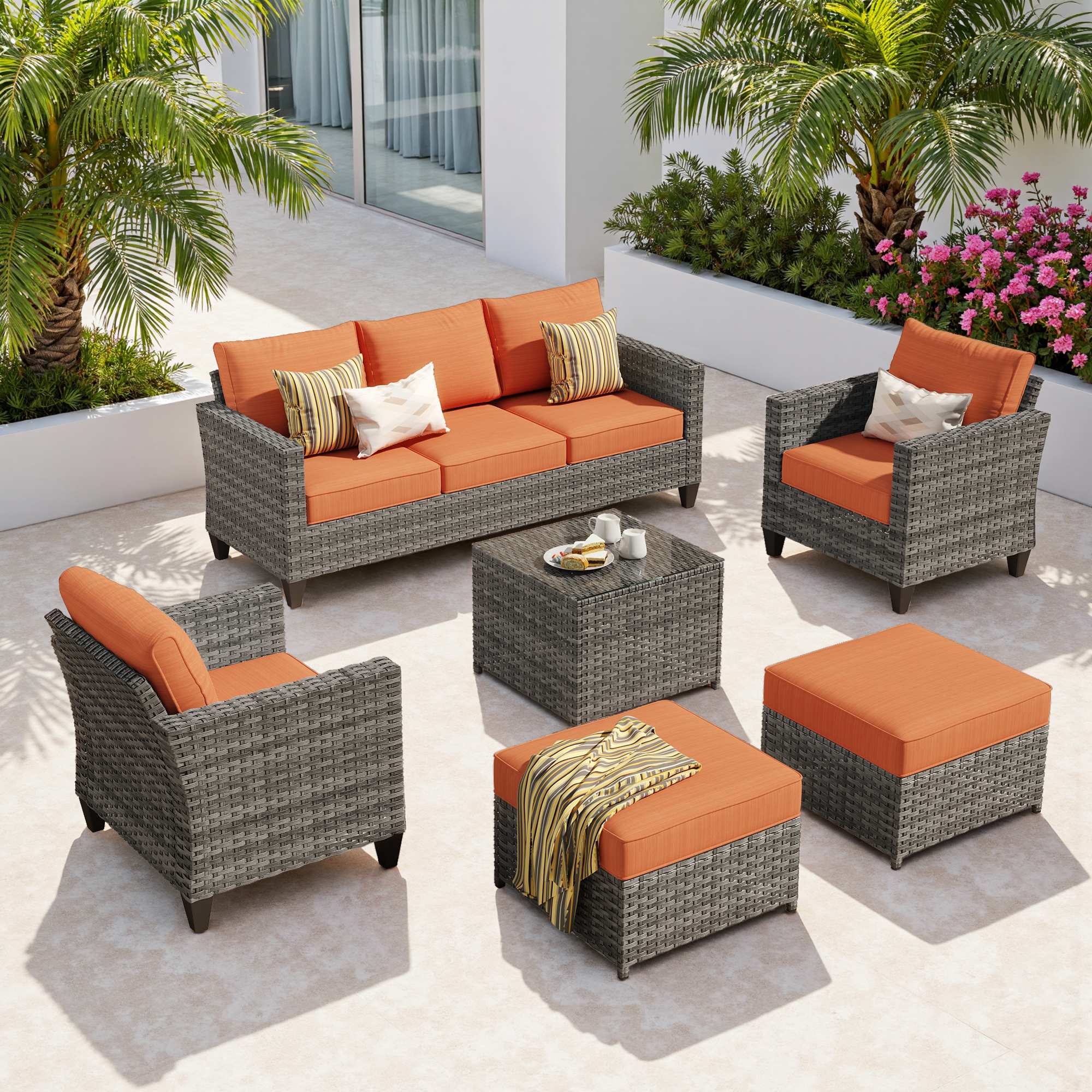 OVIOS Outdoor Patio Furniture Set with Wicker Sofa Loveseat Ottomans and Rocking Chairs