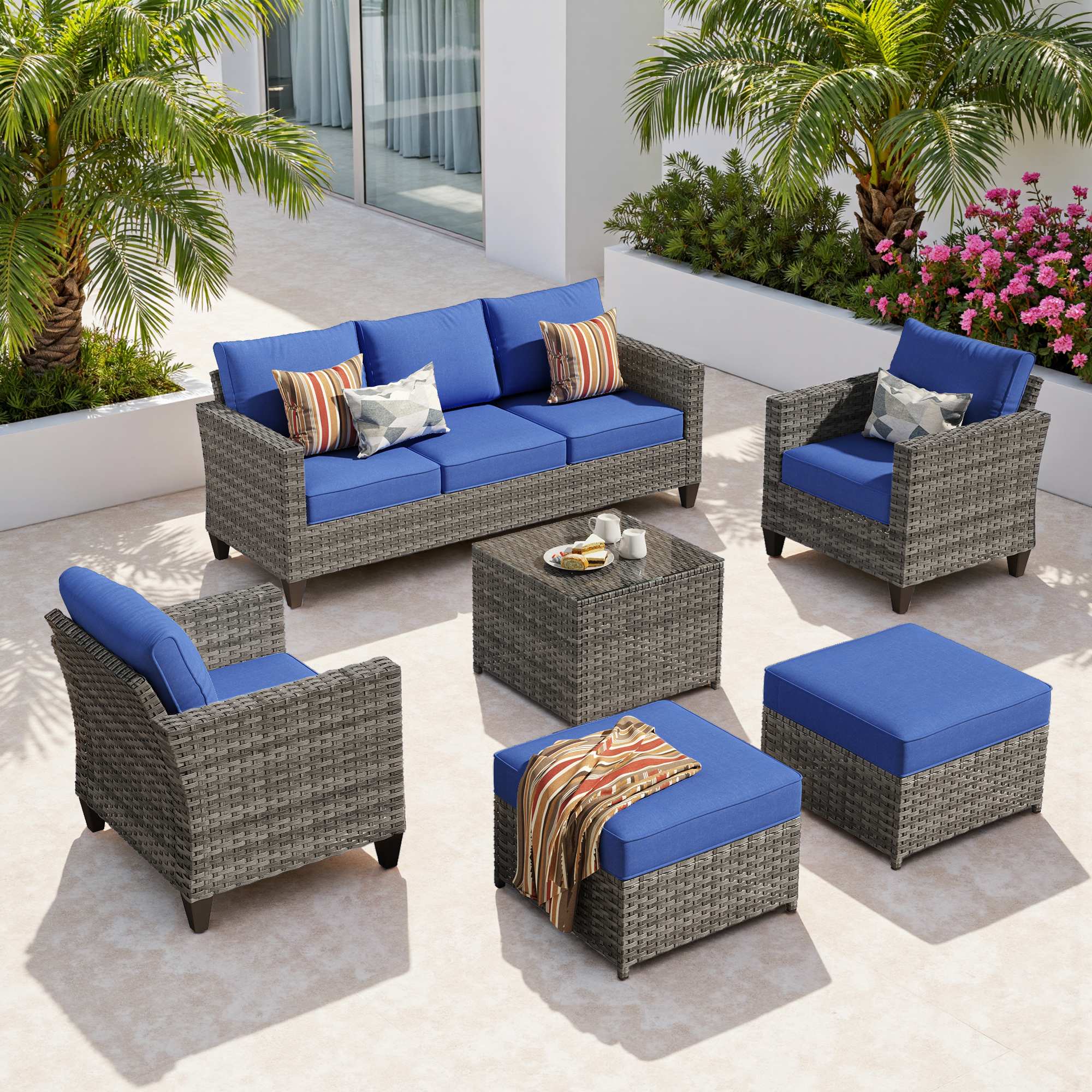 OVIOS Outdoor Patio Furniture Set with Wicker Sofa Loveseat Ottomans and Rocking Chairs