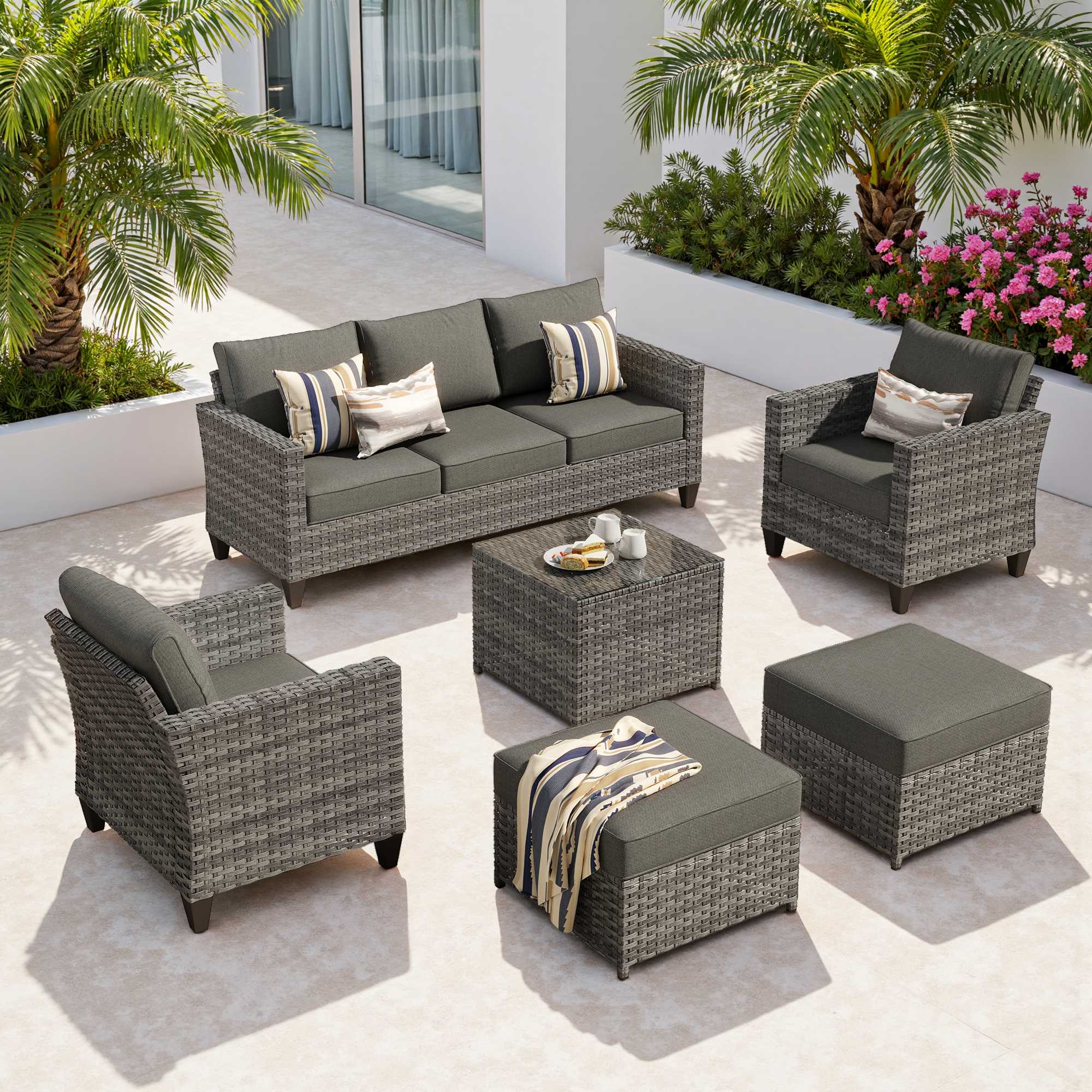 OVIOS Outdoor Patio Furniture Set with Wicker Sofa Loveseat Ottomans and Rocking Chairs